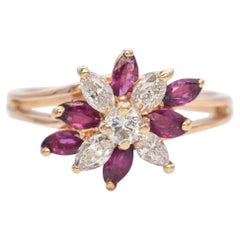 14K Yellow Gold 0.42 TCW Red Spinel and Diamond Floral Cluster Split Shank Ring