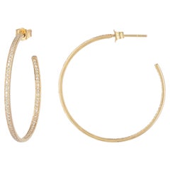 14K Yellow Gold 0.44 CT Natural Diamond Full Pave Delicate Slim Hoop Earrings