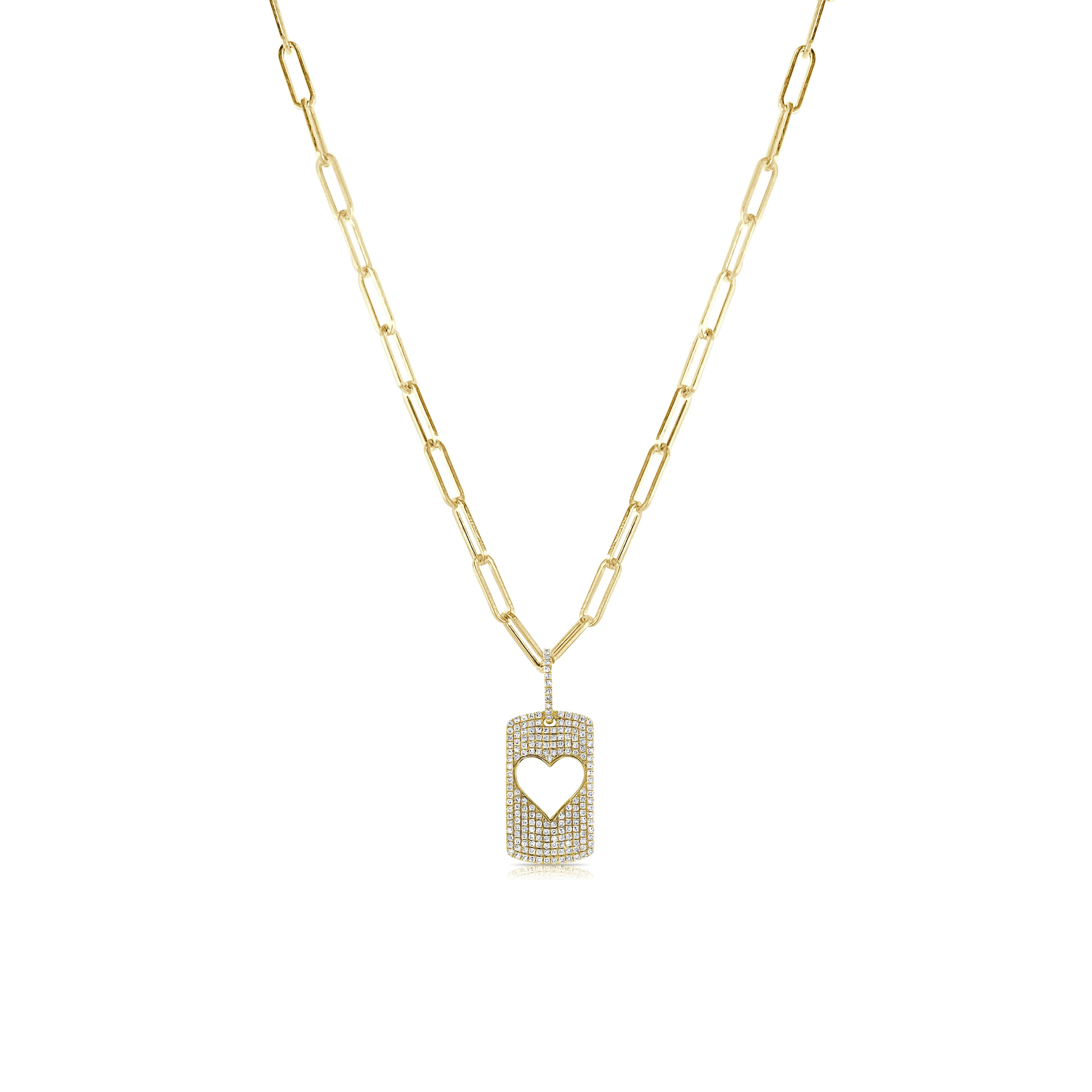 Round Cut 14k Yellow Gold 0.45 TDW Heart Charm Link Necklace For Sale