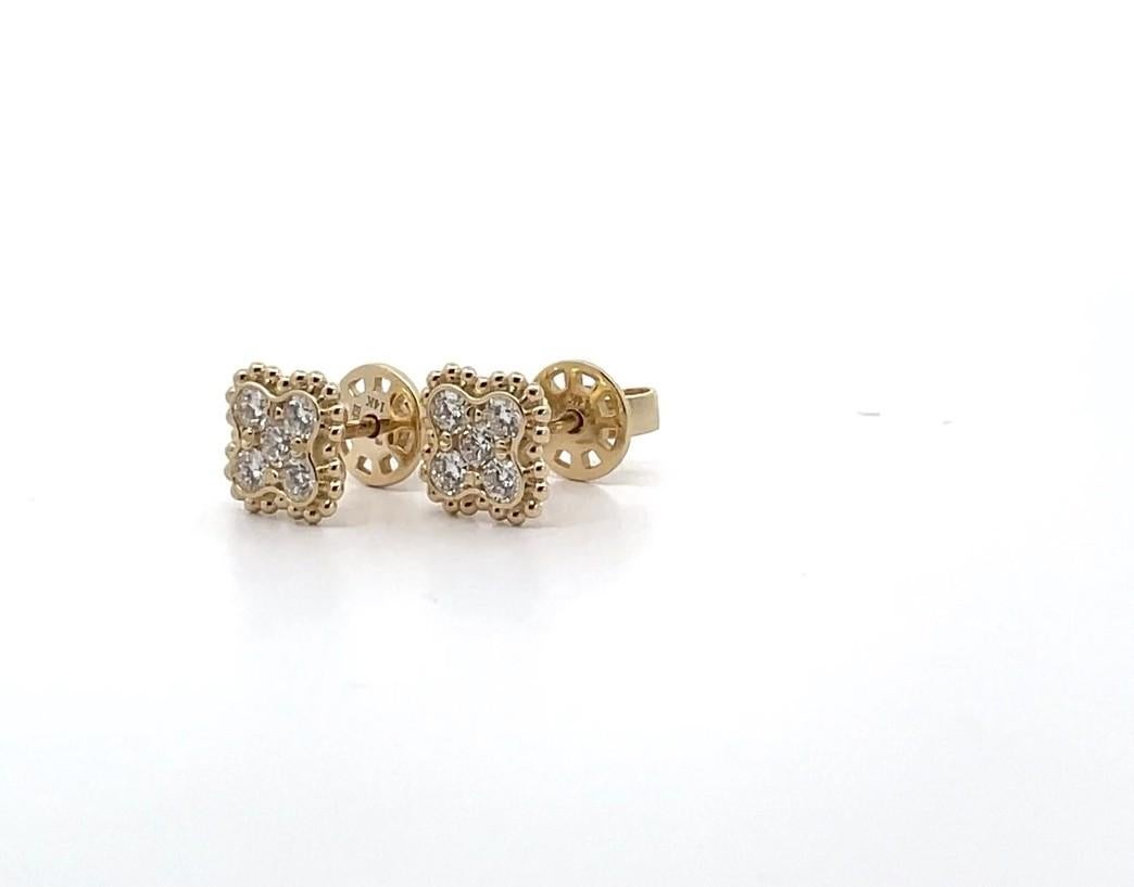 14K Yellow Gold 0.48 Carat Diamond Four Leaf Quatrefoil Post Pushback Earrings For Sale 2