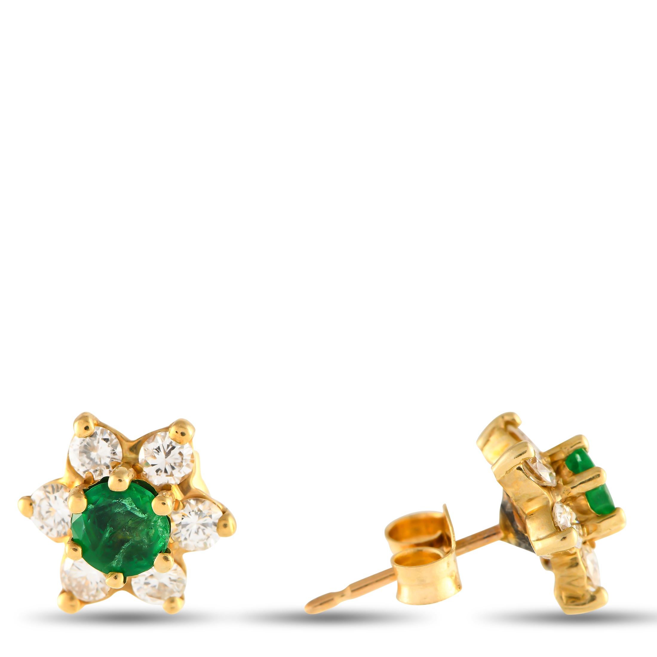 These radiant earrings will continually catch the light. Emeralds with a total weight of 0.60 carats add a pop of color to the center of the design, while a halo of Diamonds with a total weight of 0.50 carats provide the perfect amount of sparkle.