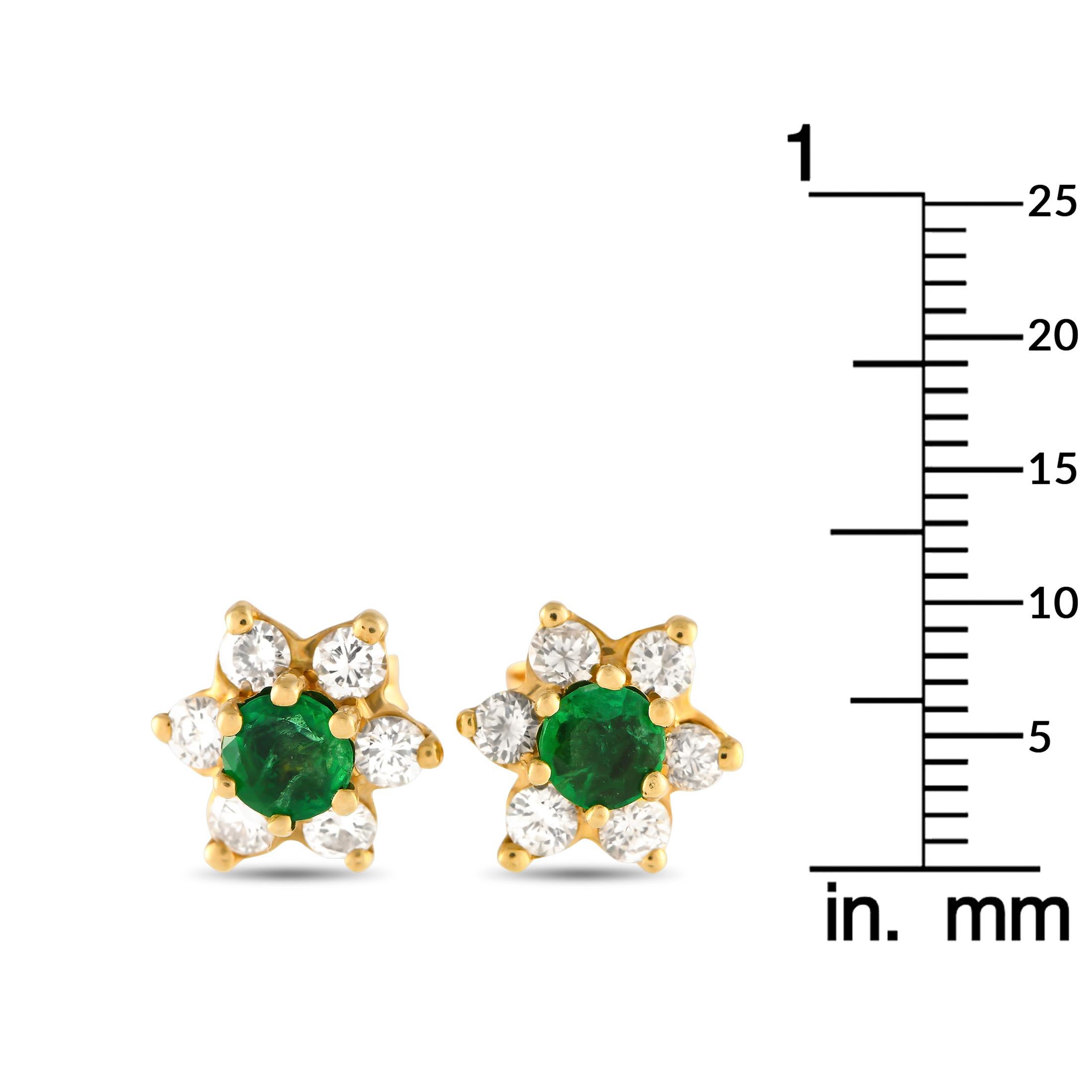 Round Cut 14K Yellow Gold 0.50ct Diamond and Emerald Earrings For Sale