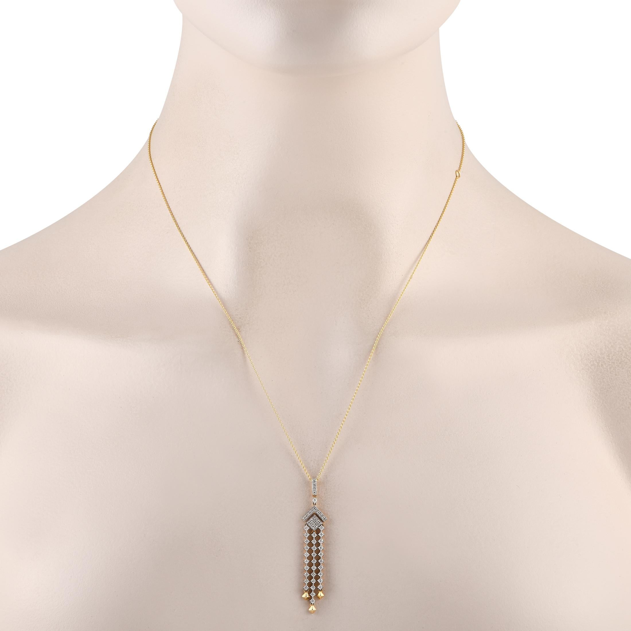 Simple yet powerfully elegant, this diamond necklace will instantly add a stunning sparkle to any look. It features three strands of round diamonds suspending from a rhombus bezel with a cluster of round diamonds. Each strand ends with a golden