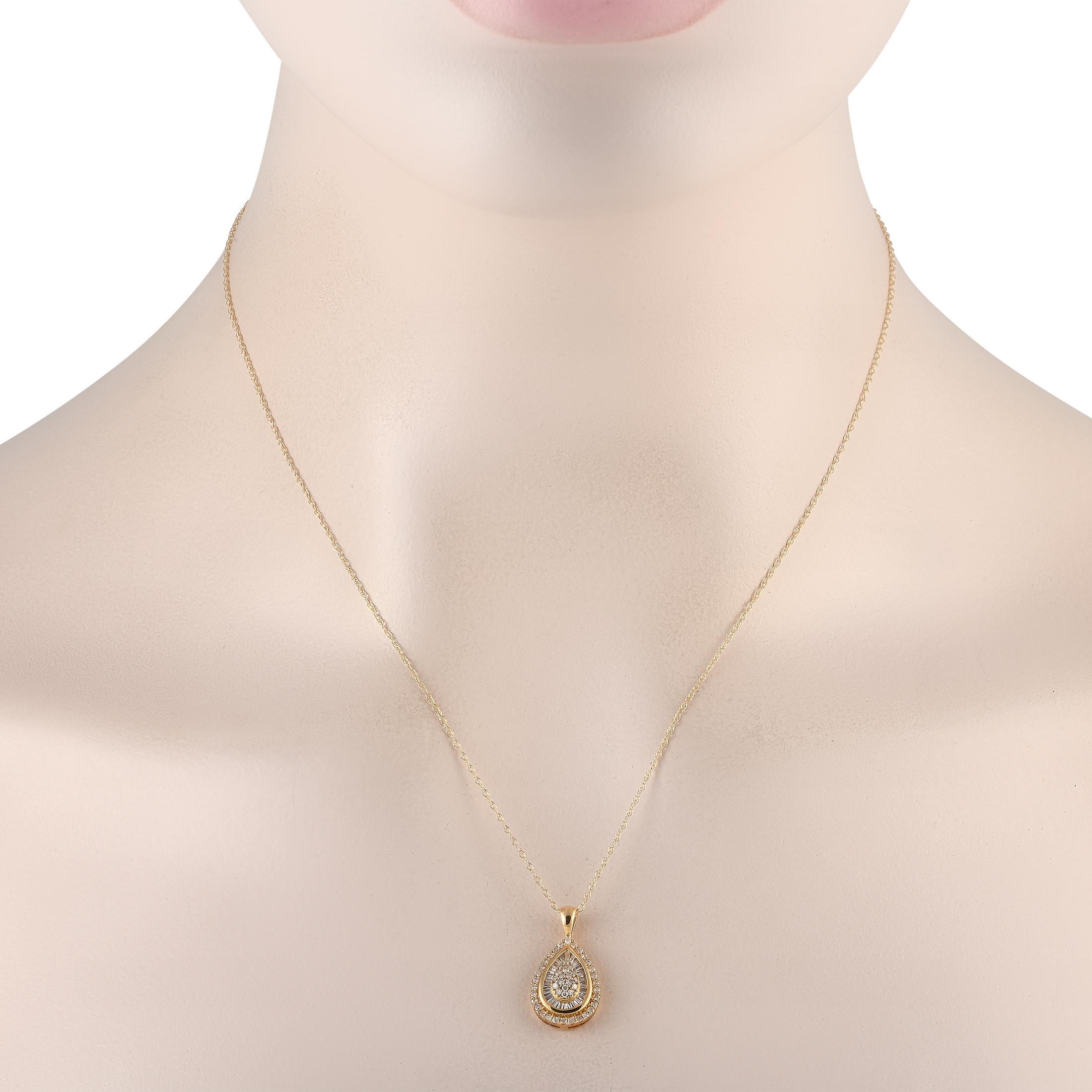This opulent 14K Yellow Gold necklace will instantly elevate any outfit. Suspended from an 18 chain, a pear-shaped pendant measuring 0.75 long by 0.50 wide serves as a stunning focal point. Diamonds with a total weight of 0.50 carats ensure it