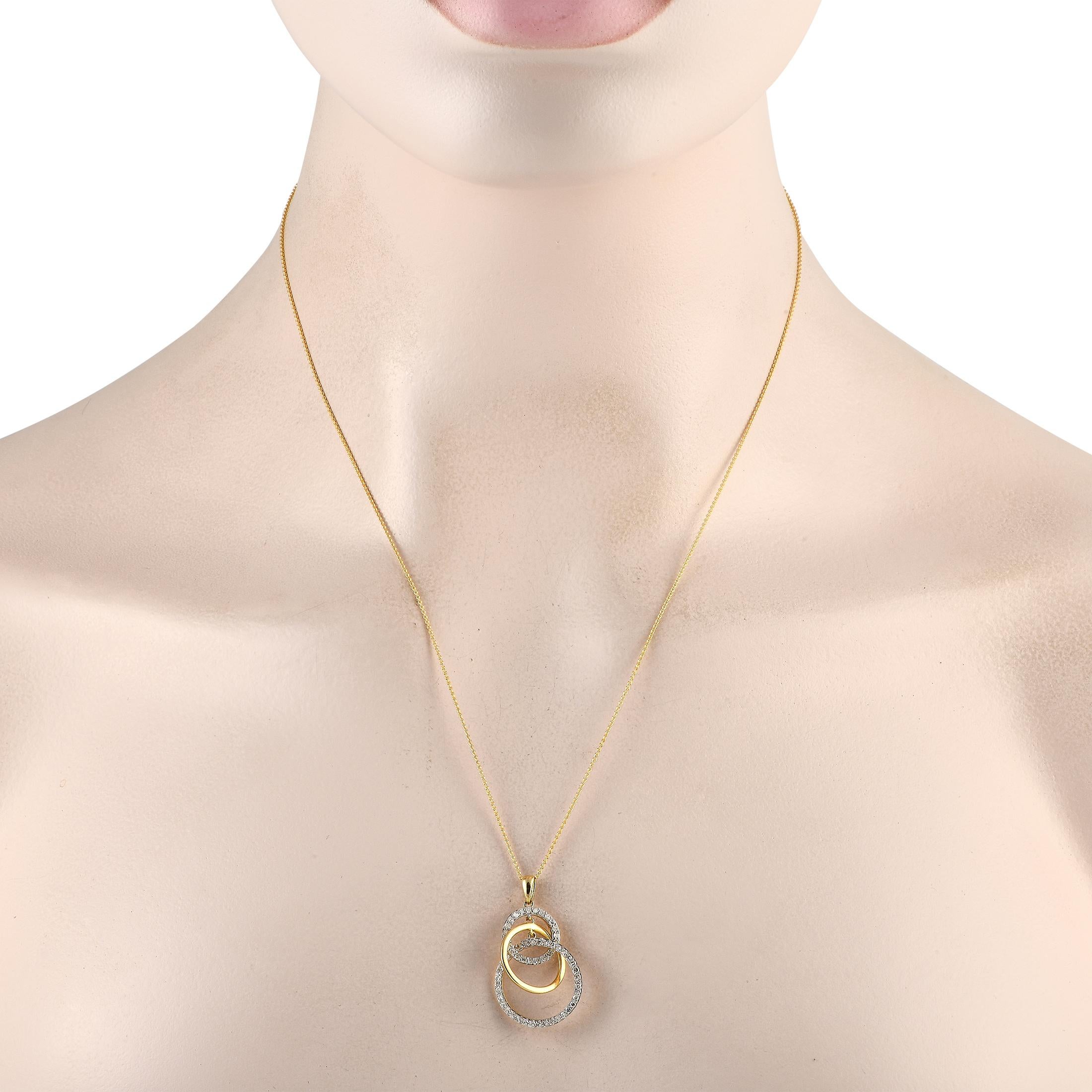 A trio of interlocking circular elements allow this necklace to instantly capture your imagination. Suspended from a 20 chain, youll find a dynamic pendant measuring 1.25 long by 0.75 wide. Diamonds with a total weight of 0.50 carats add plenty of
