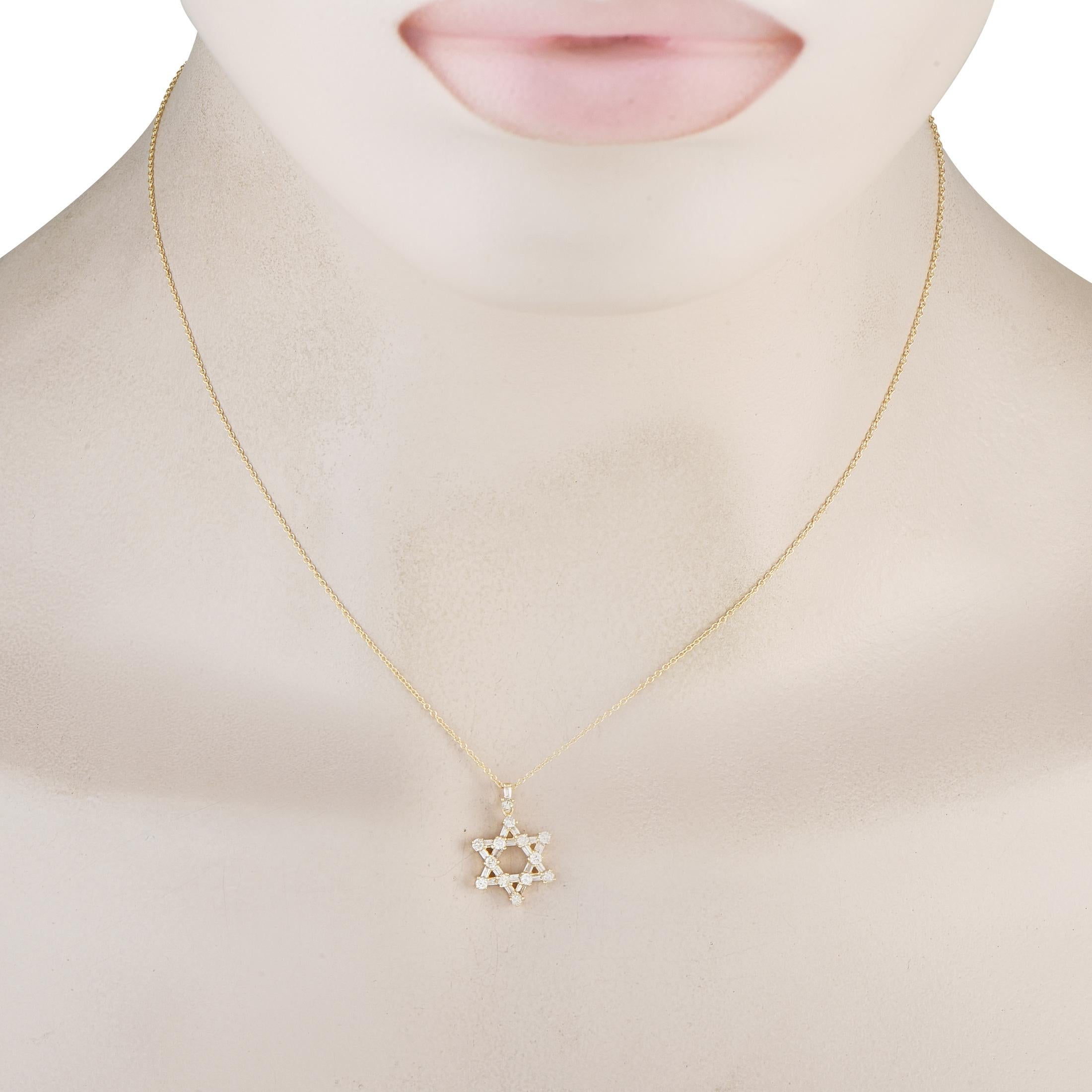 Crafted in warm yellow gold and adorned with 0.50 carats of diamonds, this necklace adds just a hint of shimmer that's perfect for a polished look. It features an ultra-fine chain holding a six-pointed star pendant. The two intersecting equilateral