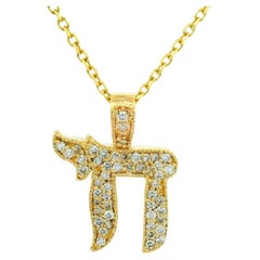 14k Yellow Gold 0.50ctw Diamond Chai Pendant w/ Cable Link Chain Necklace