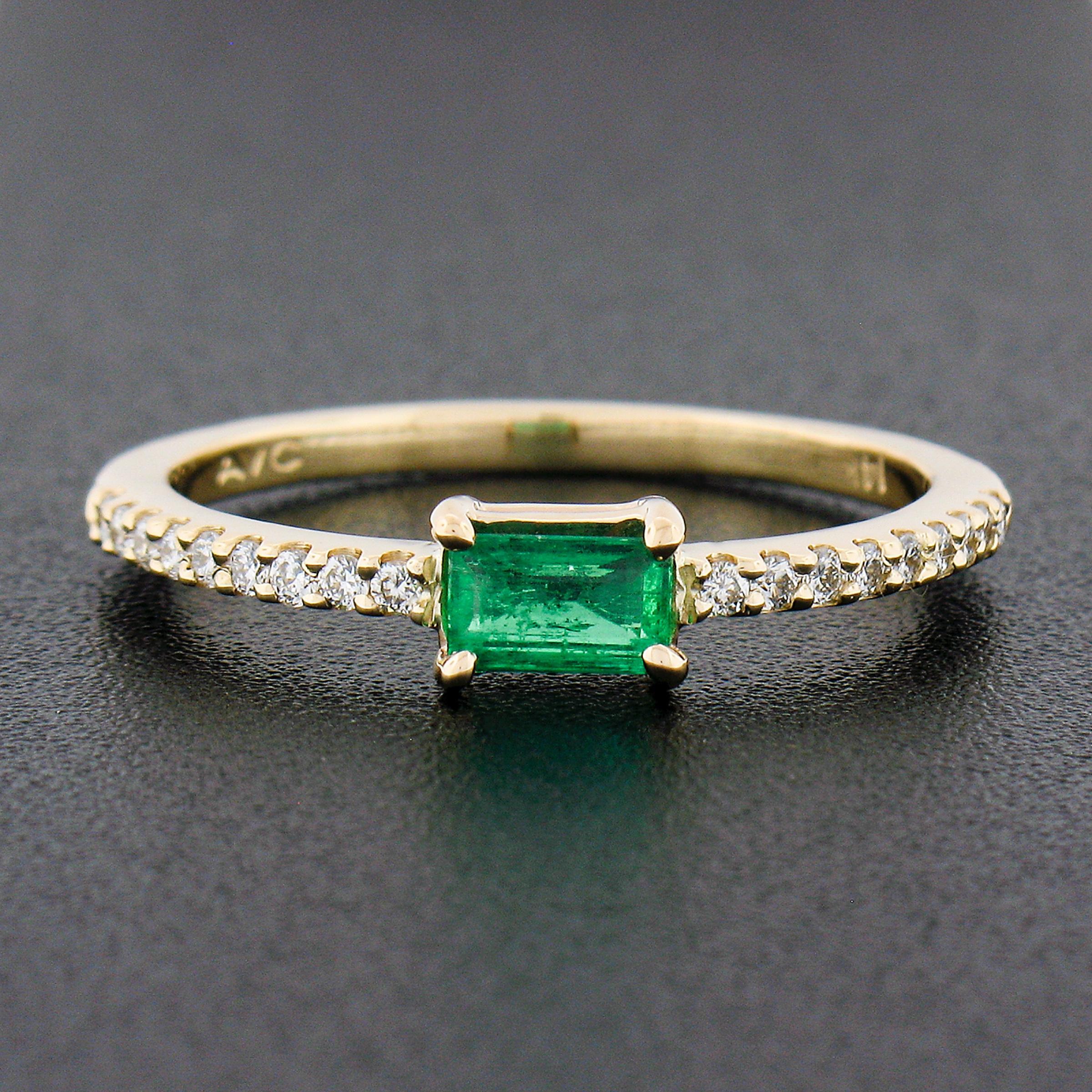 Emerald Cut 14k Yellow Gold 0.51ct Emerald & Diamond Sideways Engagement Stackable Band Ring For Sale