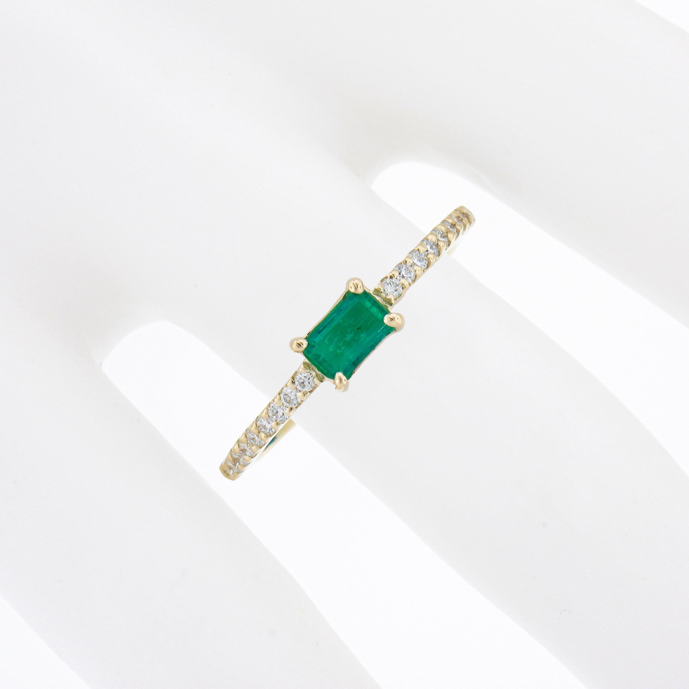 14k Yellow Gold 0.51ct Emerald & Diamond Sideways Engagement Stackable Band Ring In New Condition For Sale In Montclair, NJ