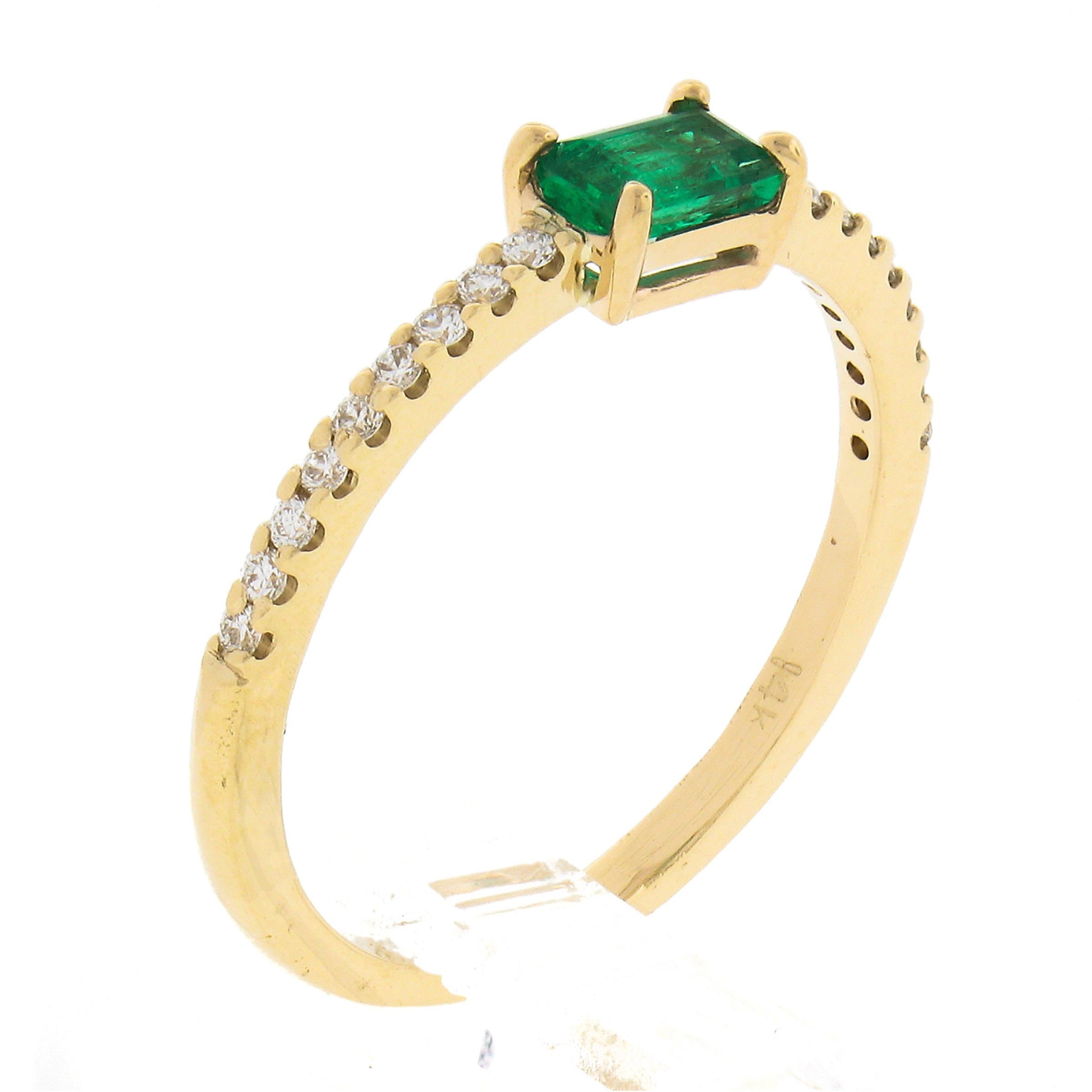 14k Yellow Gold 0.51ct Emerald & Diamond Sideways Engagement Stackable Band Ring 4