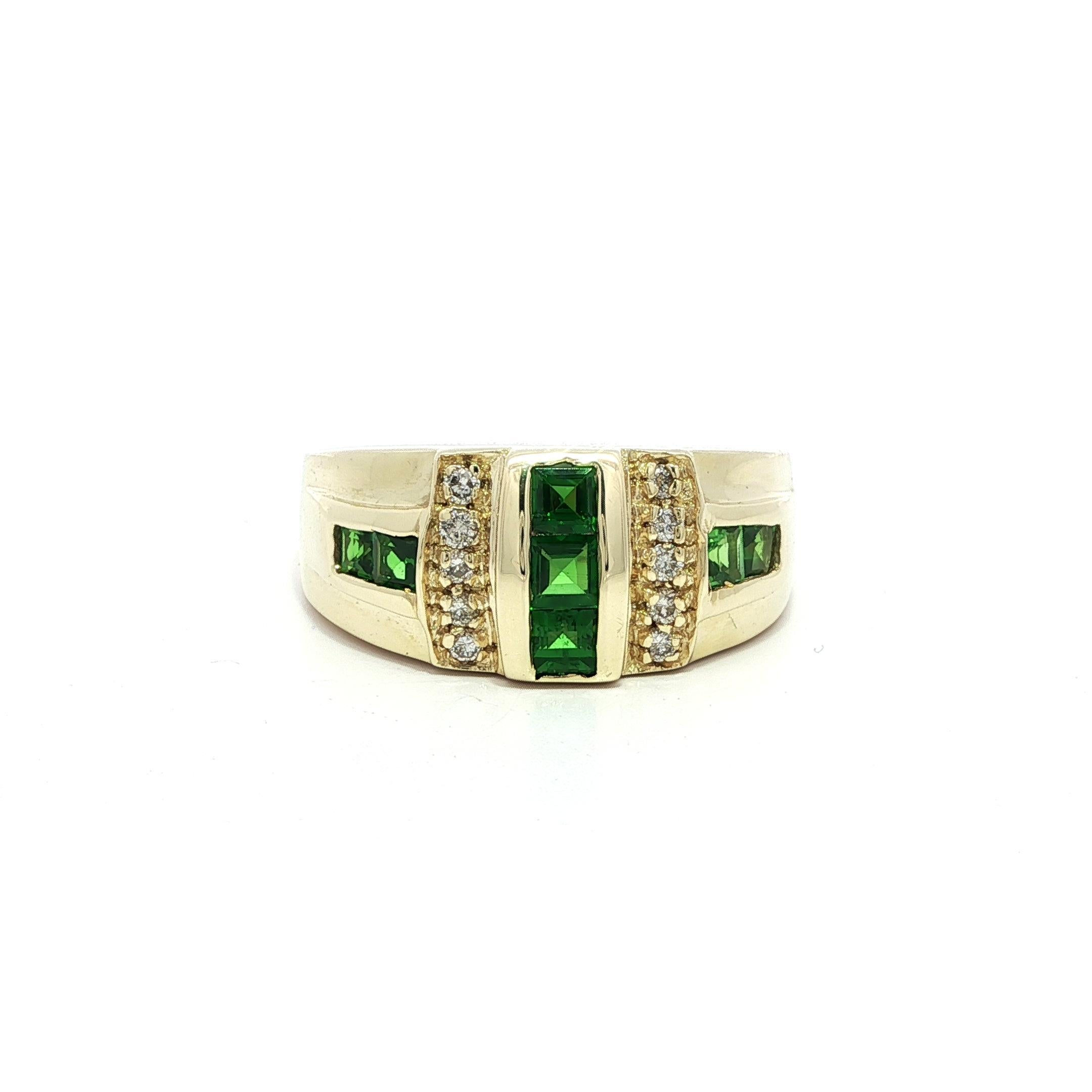 Anello a fascia geometrica in oro giallo 14k con tsavorite e diamante da 0,54 carati e larghezza 9,8 mm in vendita 6