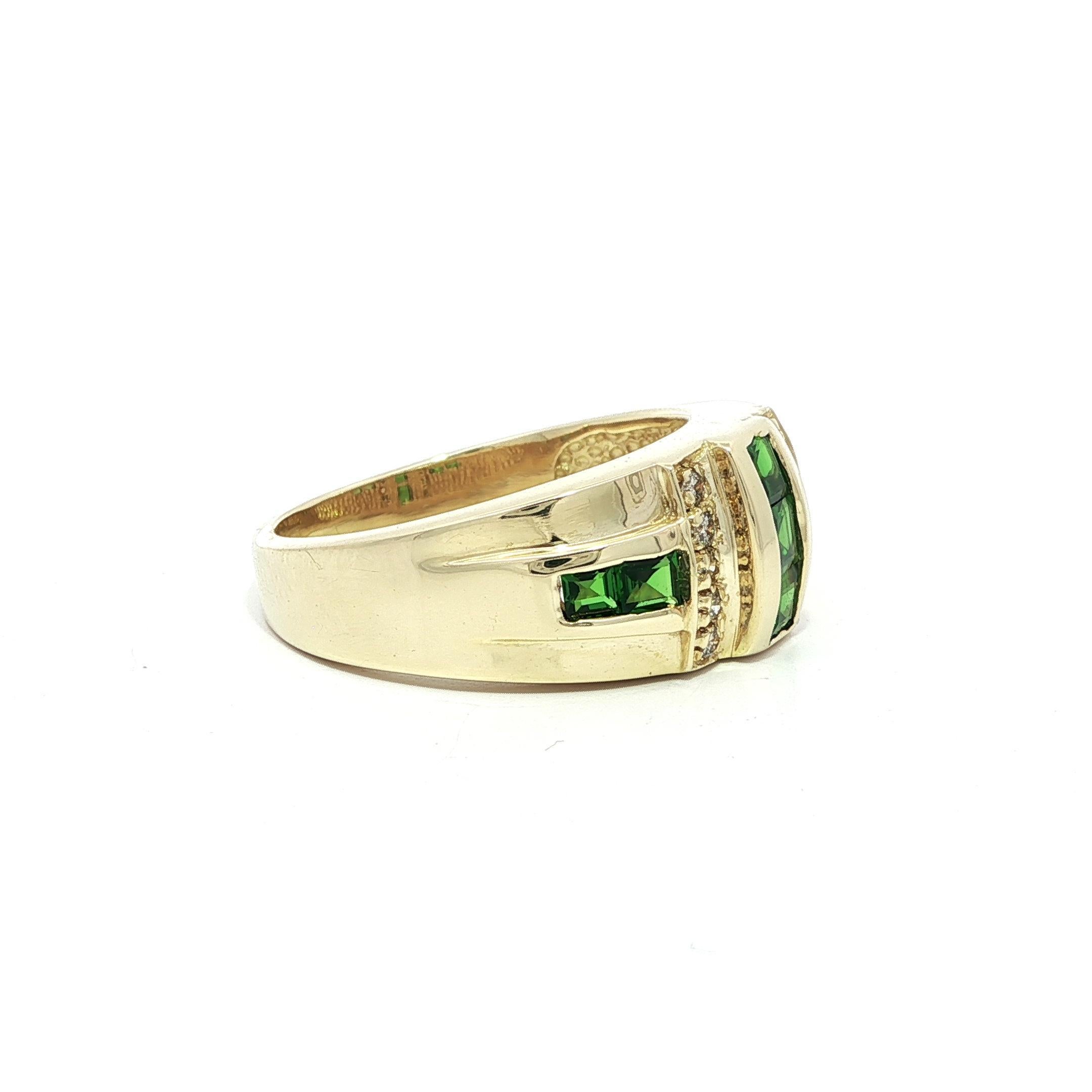 Anello a fascia geometrica in oro giallo 14k con tsavorite e diamante da 0,54 carati e larghezza 9,8 mm in vendita 10
