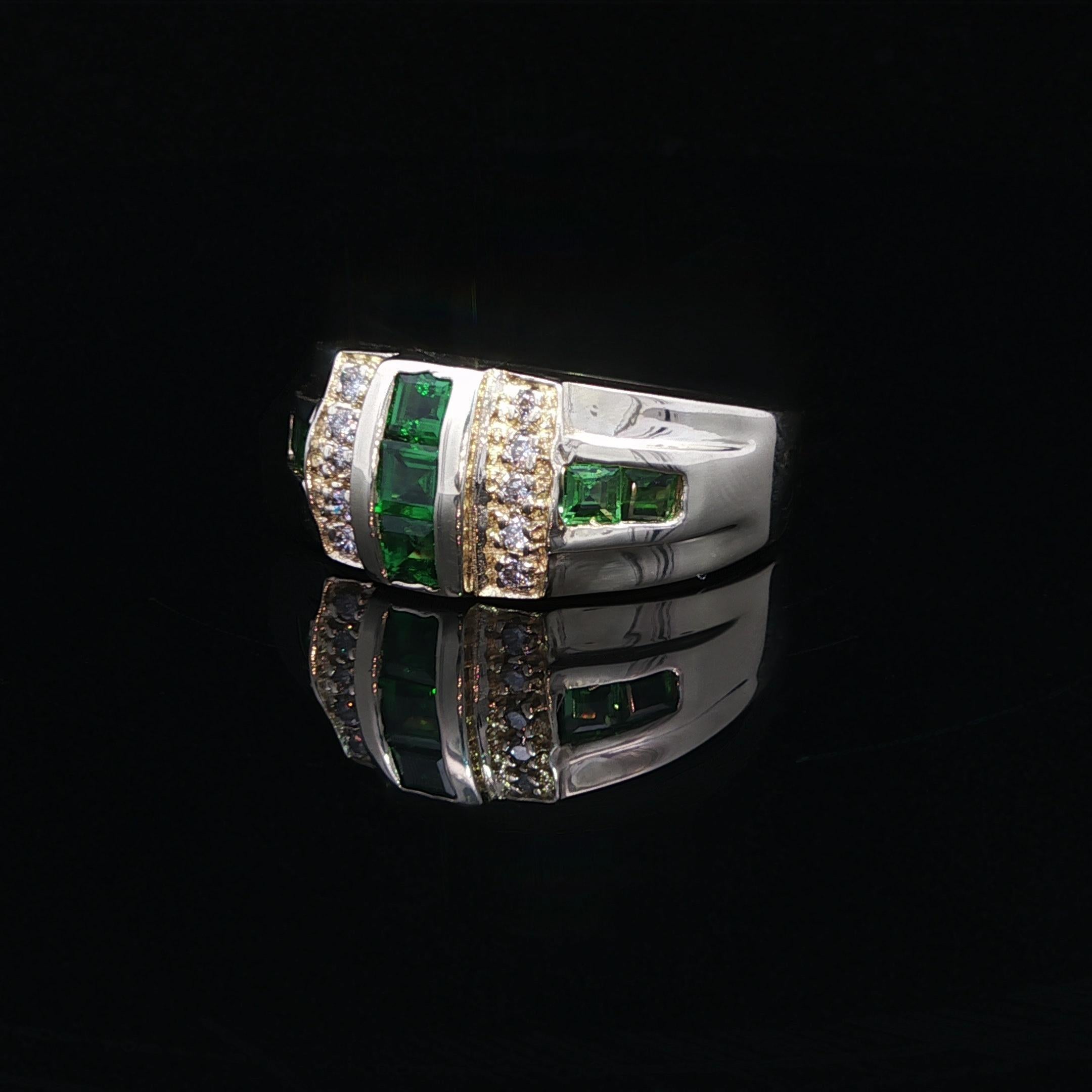 da uomo o donna Anello a fascia geometrica in oro giallo 14k con tsavorite e diamante da 0,54 carati e larghezza 9,8 mm in vendita