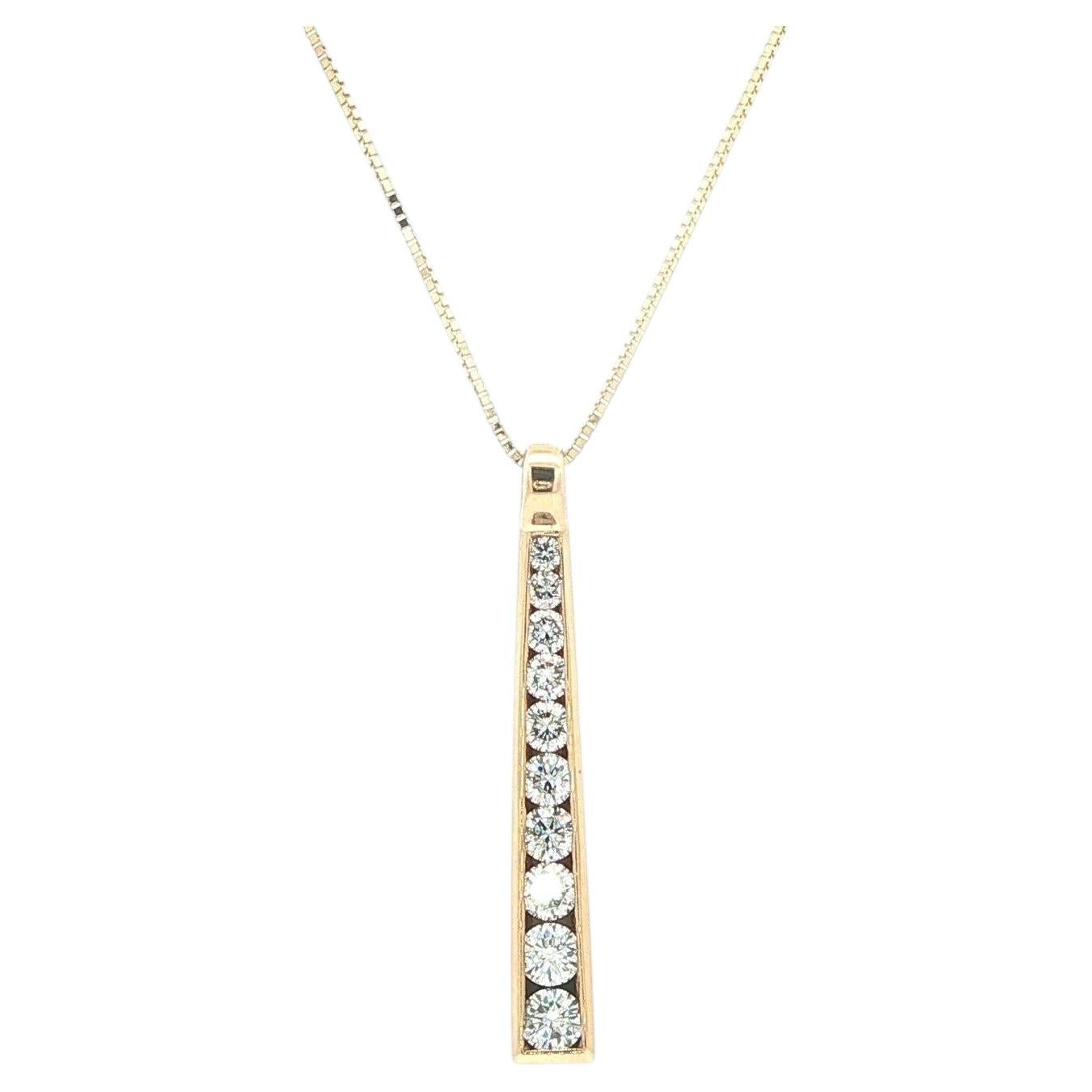 14k Yellow Gold 0.55ct Channel Diamond Long Tapered Flared Graduated Bar Pendant