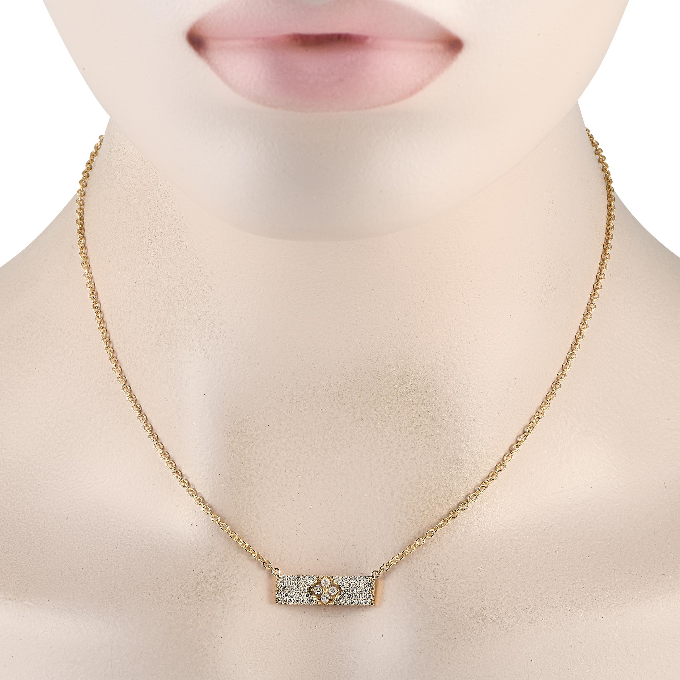 This 14K Yellow Gold necklace is undeniably opulent. At the center of the 15 chain, youll find a rectangular pendant measuring 0.25 long by 0.75 wide. Diamonds with a total weight of 0.55 carats allow it to effortlessly catch the light.This jewelry