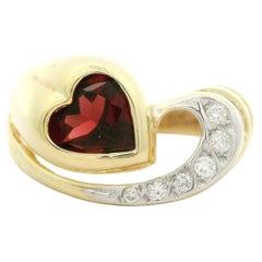 14k Yellow Gold 0.56ctw Bezel Heart Garnet & Diamond Swirl Band Ring