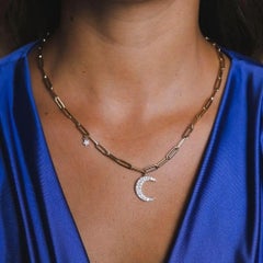 14K Yellow Gold 0.60 Carat Diamond Moon and Star Charms Cable Chain Necklace