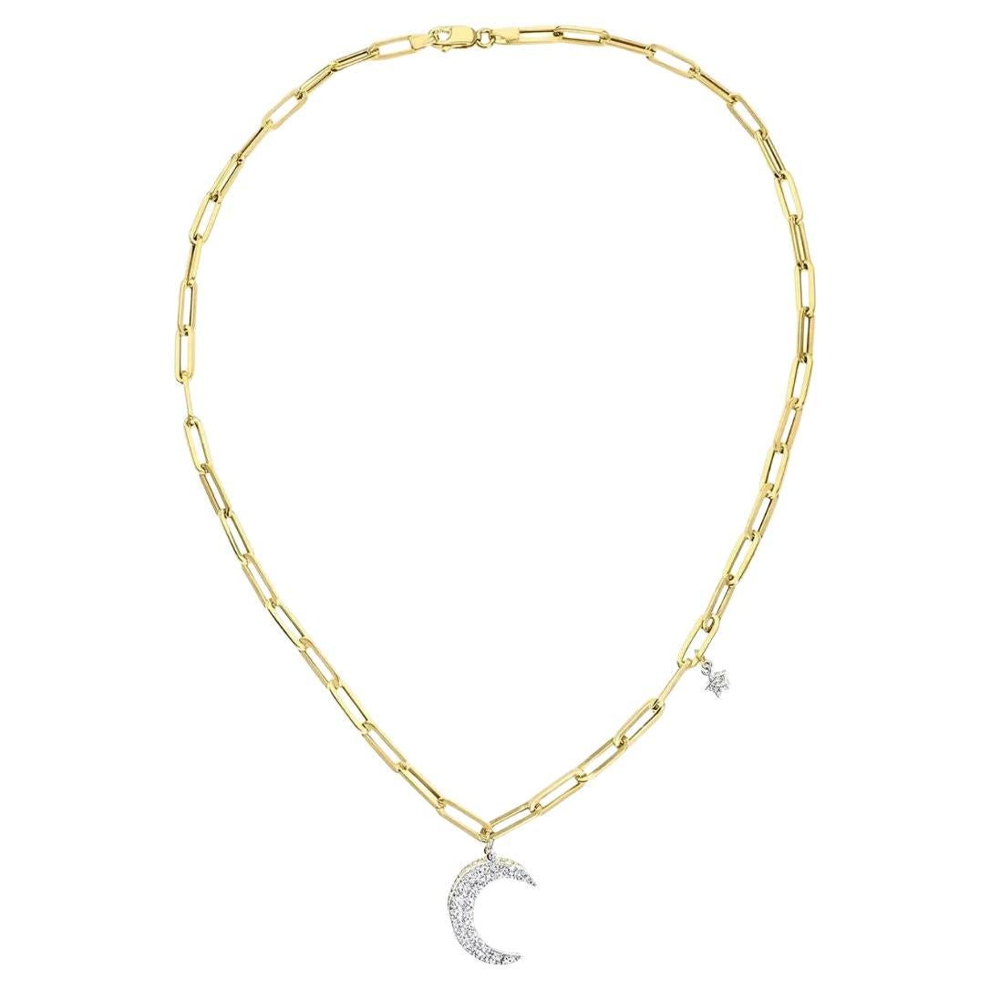 Chaîne collier câble en or jaune 14 carats avec breloques en forme d'étoiles et de lune en diamants de 0,60 carat