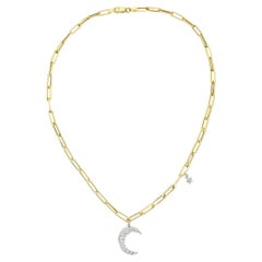 14K Yellow Gold 0.60 Carat Diamond Moon and Star Charms Cable Chain Necklace