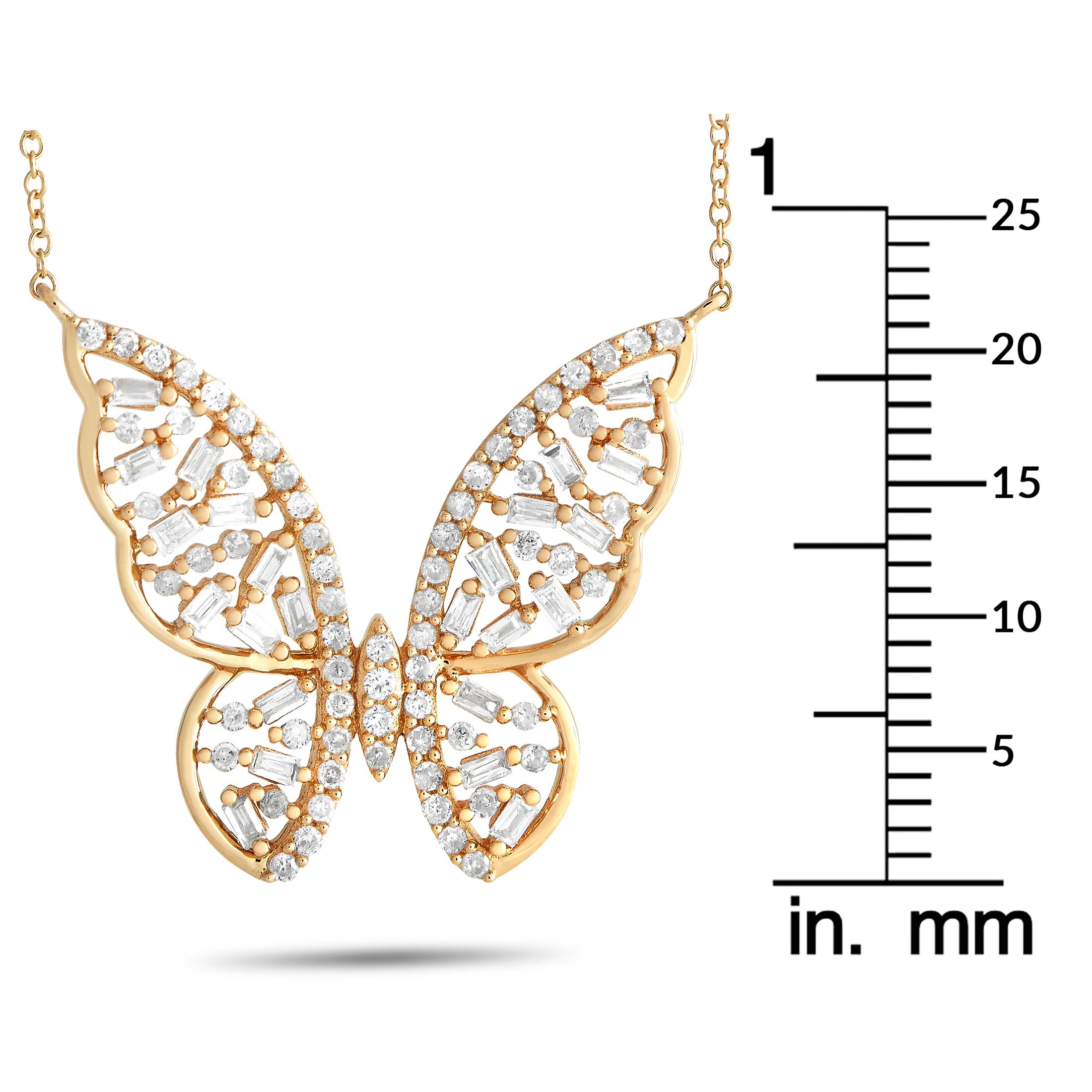 Mixed Cut 14K Yellow Gold 0.60ct Diamond Butterfly Necklace For Sale