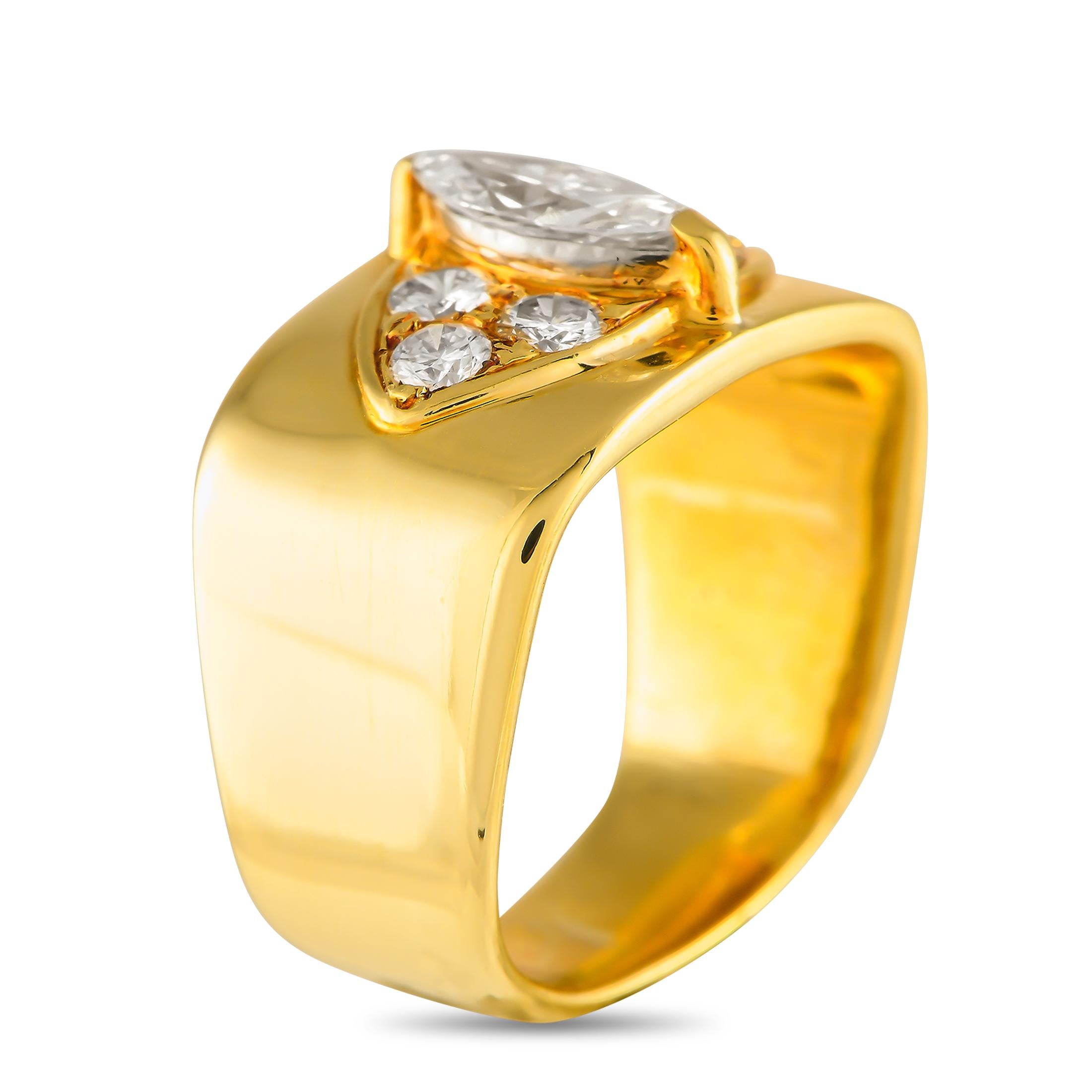 A sleek 14K Yellow Gold setting with rounded edges make this ring a unique addition to any jewelry collection. At the center of the bold band  which measures 6mm wide  youll find a dynamic arrangement of Diamonds with a total weight of 0.60 carats.