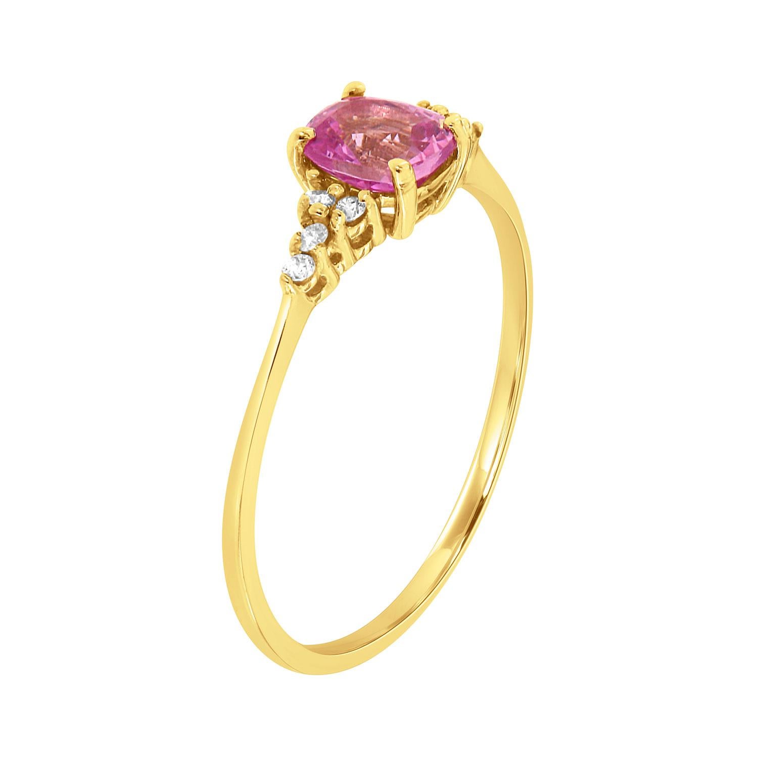 This ring features a 0.61 - carat Elongated cushion Sri-Lankan Sapphire flanked by eight (8) Brilliant round diamonds on a delicate 1.2 mm wide band.  
The Sapphire exhibits the most desirable vibrant hot pink color in an excellent luster.
The ring