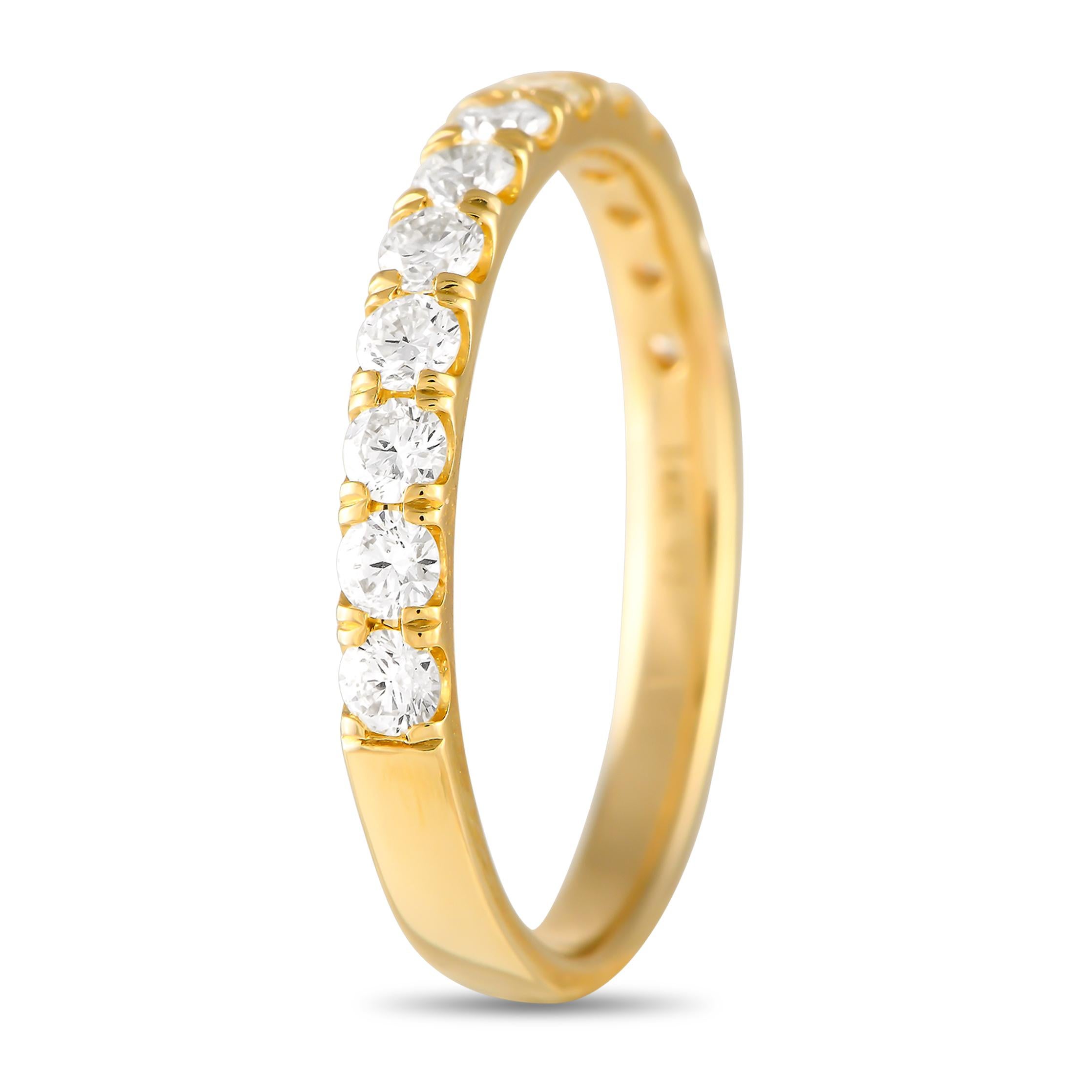 Diamonds with a total weight of 0.65 carats allow this elegant 14K Yellow Gold ring to effortlessly catch the light. This understated piece features a 2mm wide band, a 2mm top height, and is ideal for everyday wear.This jewelry piece is offered in