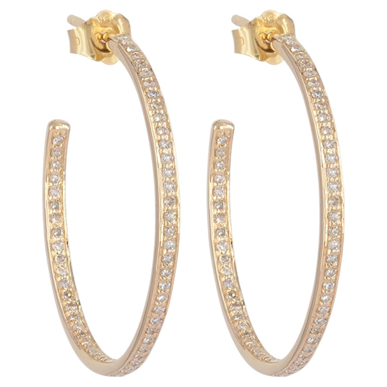14K Yellow Gold 0.66 CT Natural Diamond Pave Slim Hoop Earrings Gift for Her