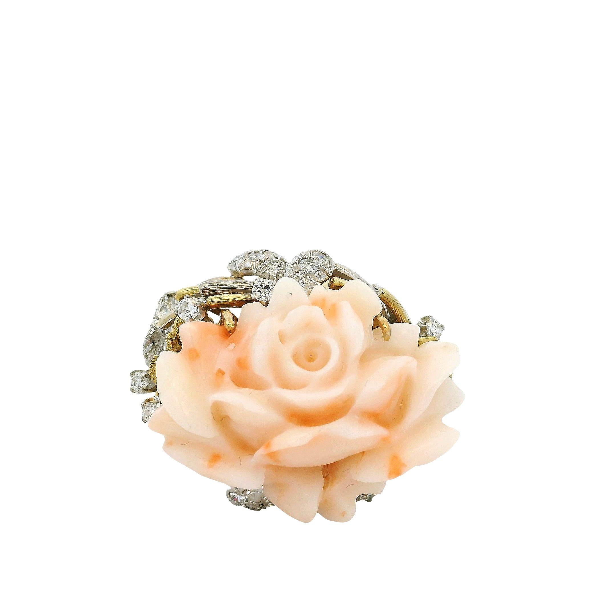 14k Yellow Gold 0.67ctw Diamond Pave Carved Coral Ring im Angebot 3