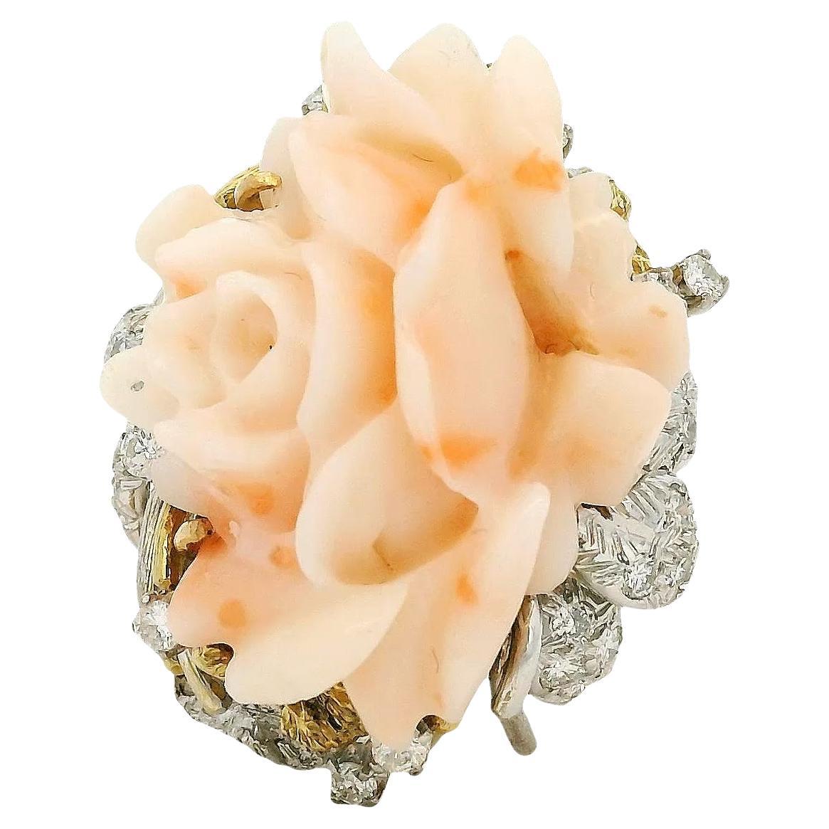 14k Yellow Gold 0.67ctw Diamond Pave Carved Coral Ring
