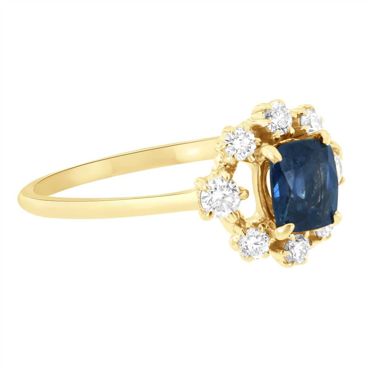 Cushion Cut 14K Yellow Gold 0.68 Carat Cushion Shaped Blue Sri Lankan Halo Diamond Ring For Sale
