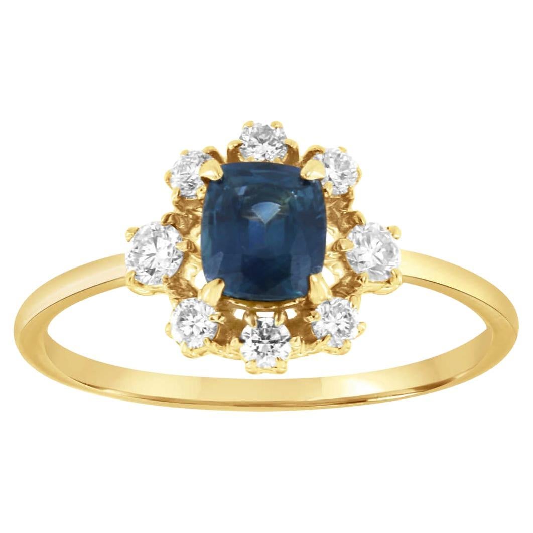 14K Yellow Gold 0.68 Carat Cushion Shaped Blue Sri Lankan Halo Diamond Ring For Sale