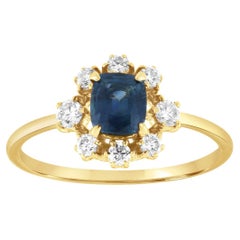 Bague en or jaune 14 carats avec halo de diamants bleus du Sri Lanka de forme coussin de 0,68 carat