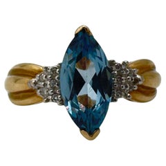 14K Yellow Gold 0.70 Ct Marquise Sky Blue Topaz & Diamond Cocktail Ring - Size 7