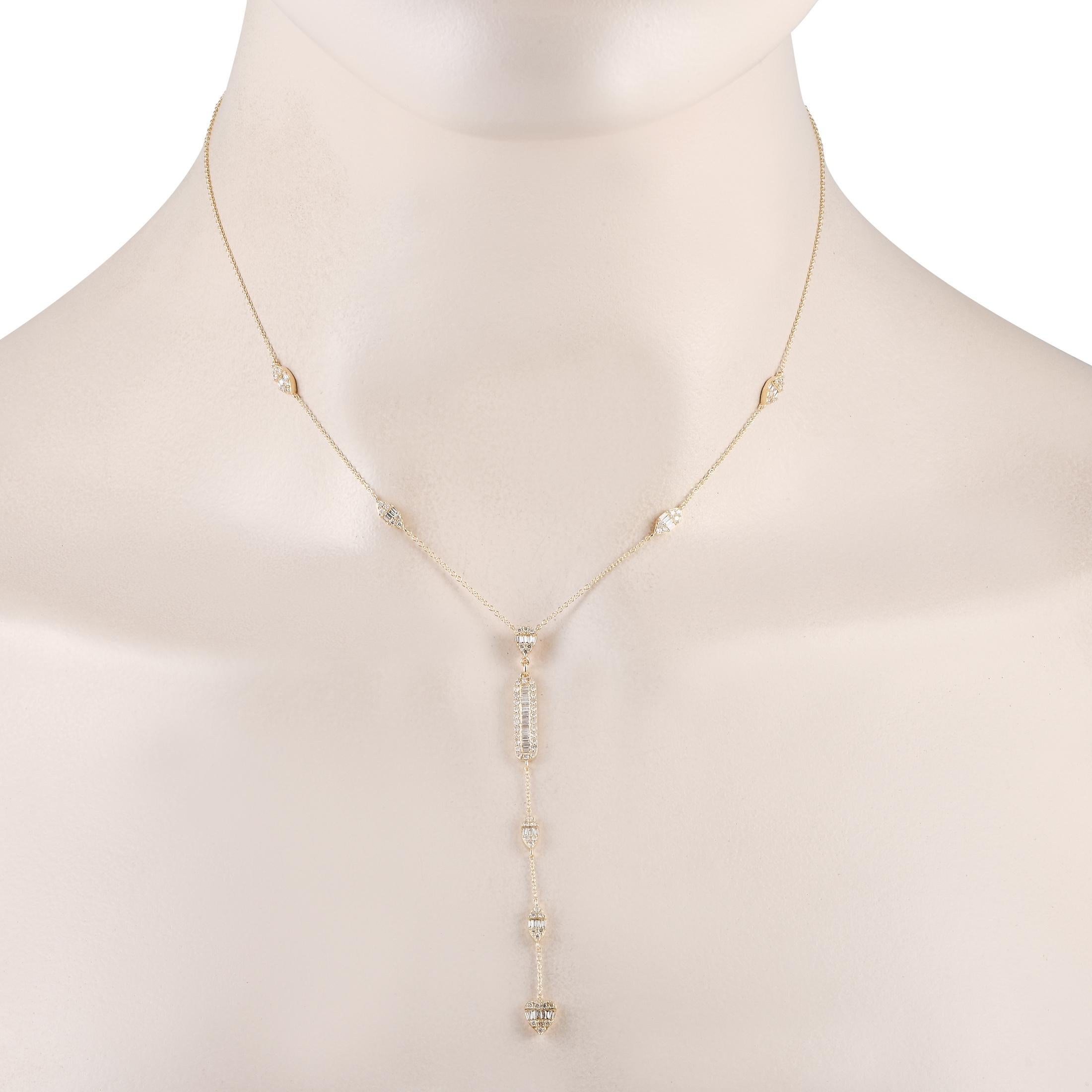 Clad in durable 14K yellow gold, this dainty Y-shaped necklace can accompany you from day to night, on special days, and every day. It features petite clusters of round and baguette diamonds set on elongated oval, pear, marquise, and heart-shaped