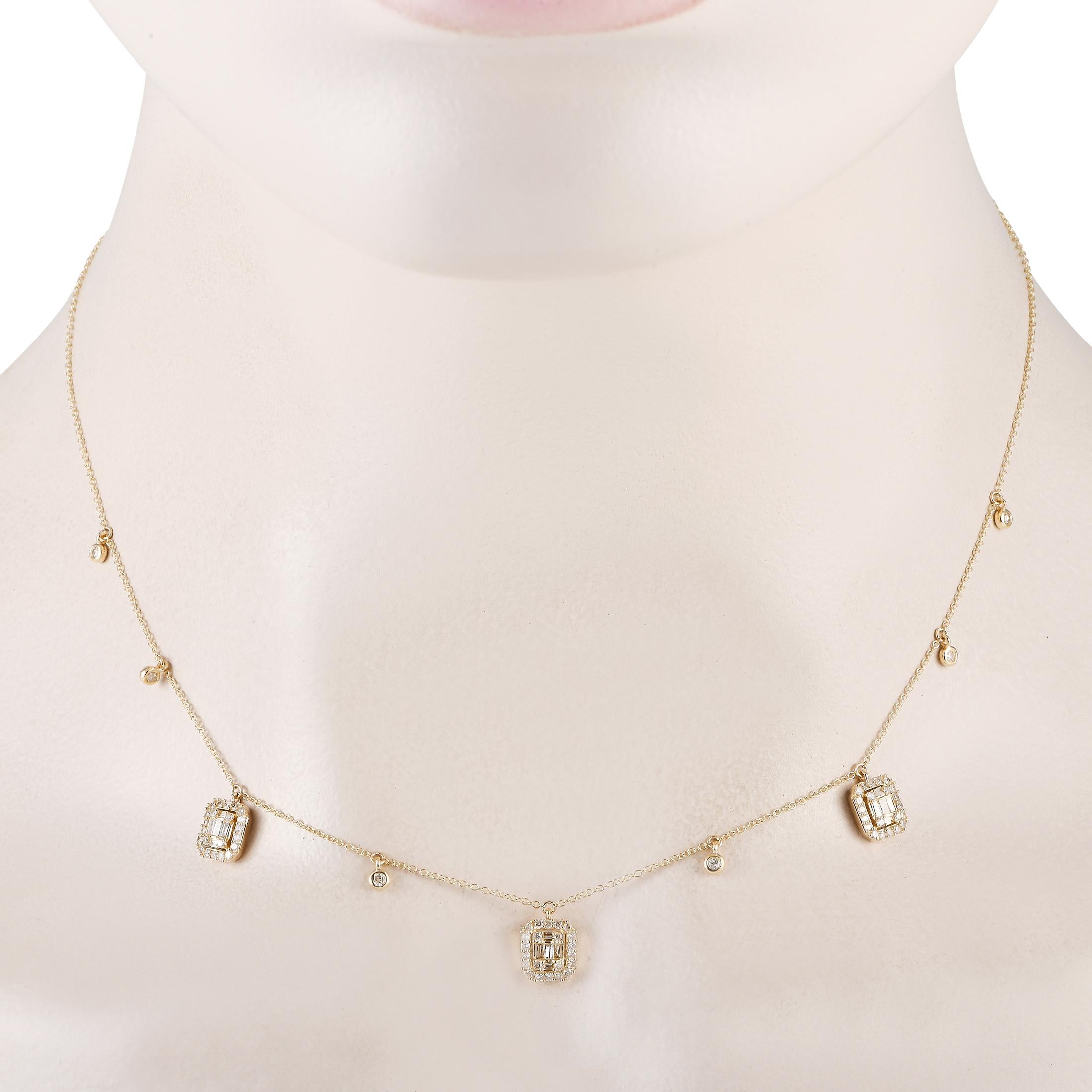 A beautifully made necklace infused with bohemian elegance and a hint of vintage charm. The chain is cast in 14K yellow gold and features six bezel-set round diamonds set on stations along its length. Three octagonal frames detailed with a cluster
