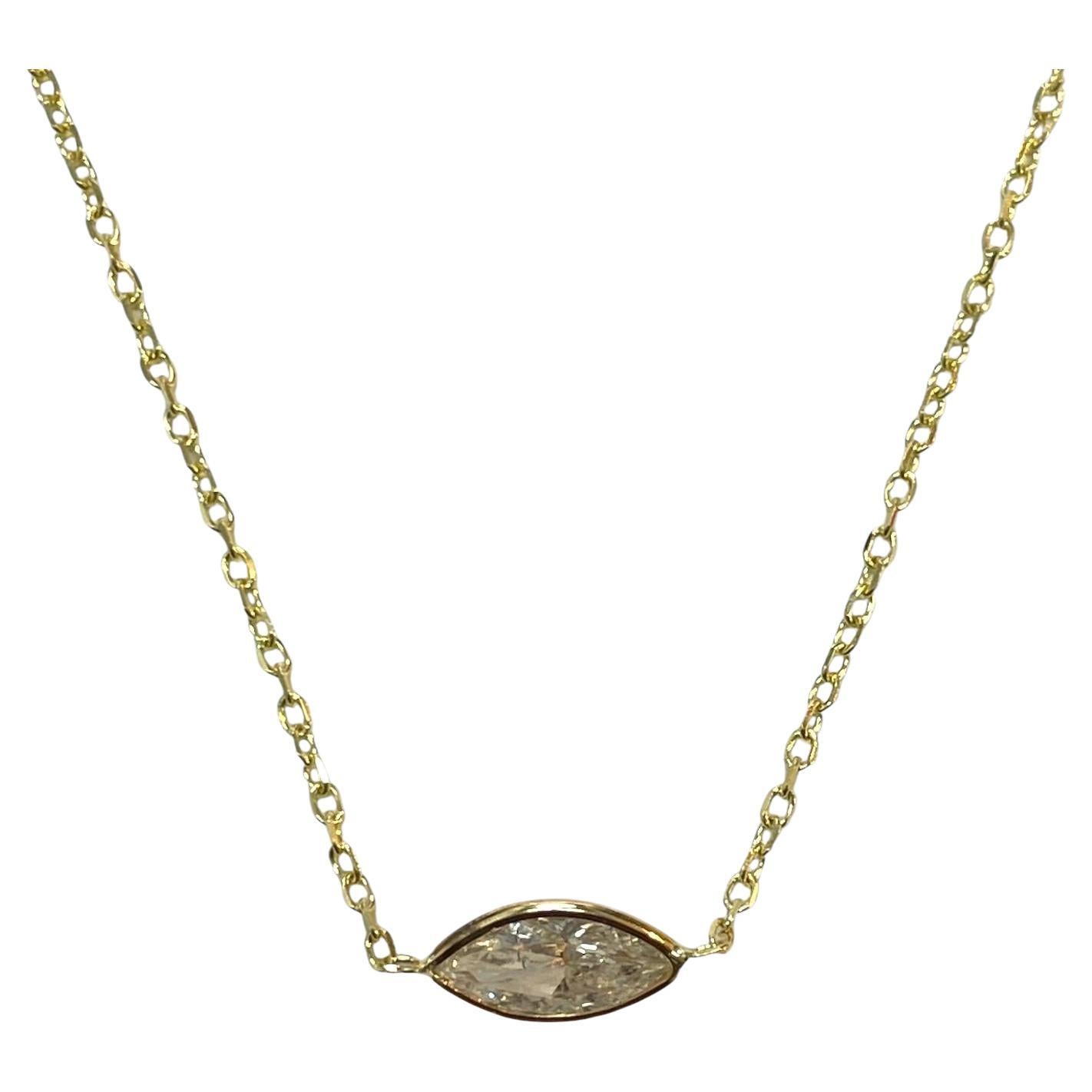 14K Yellow Gold 0.70ct Marquise Natural Diamond Bezeled Necklace