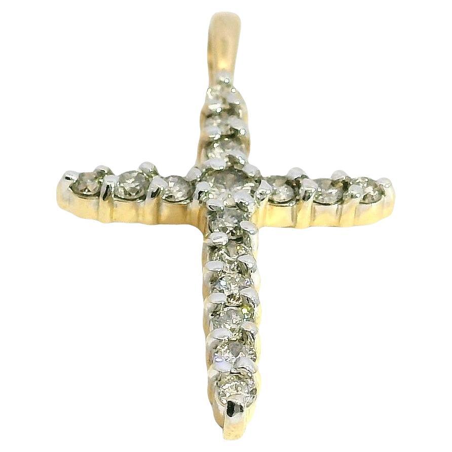 14k Yellow Gold 0.70ctw Natural Round Brilliant Cross Pendant For Sale