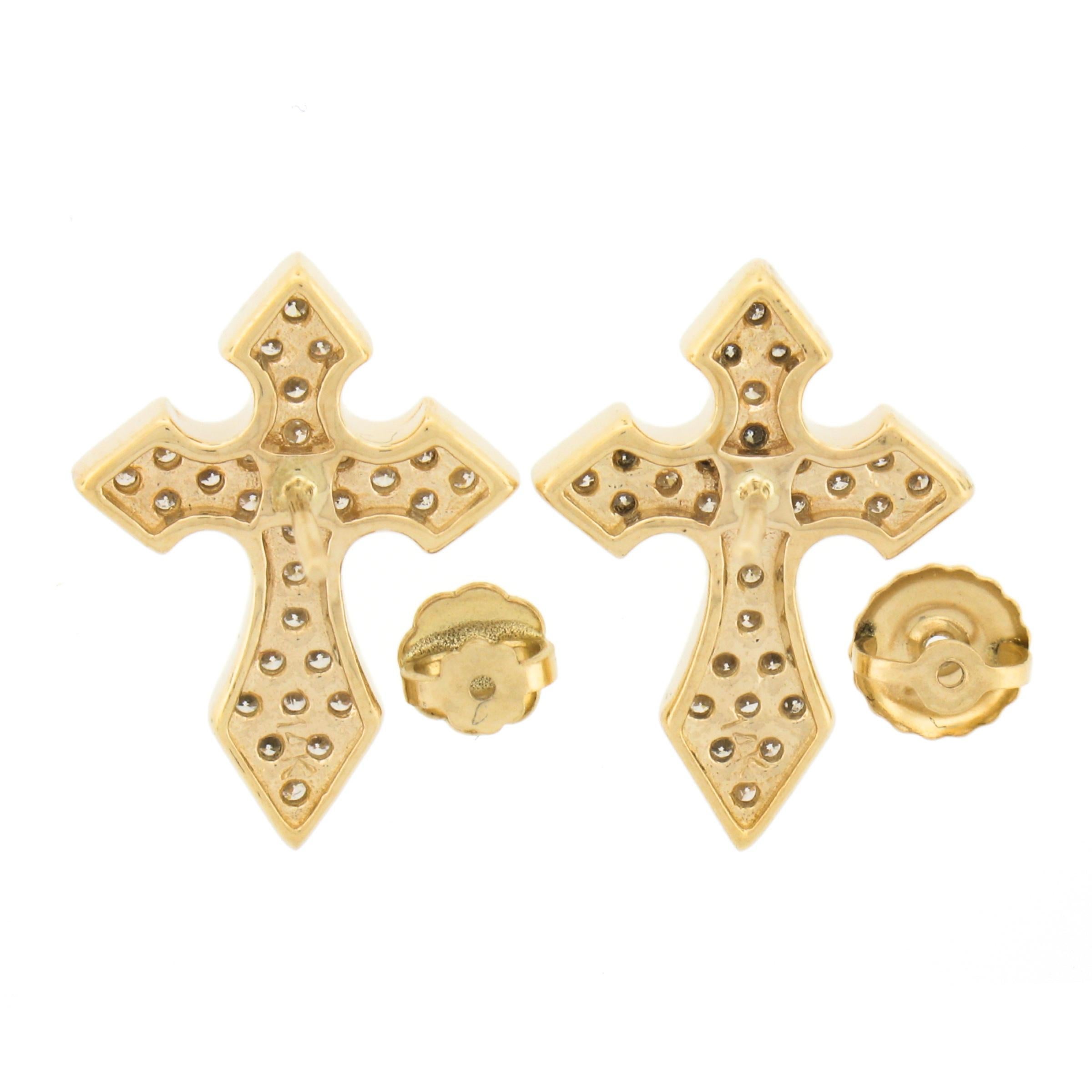 Women's or Men's 14k Yellow Gold 0.70ctw Round Brilliant Pave Set Diamond Cross Stud Earrings For Sale