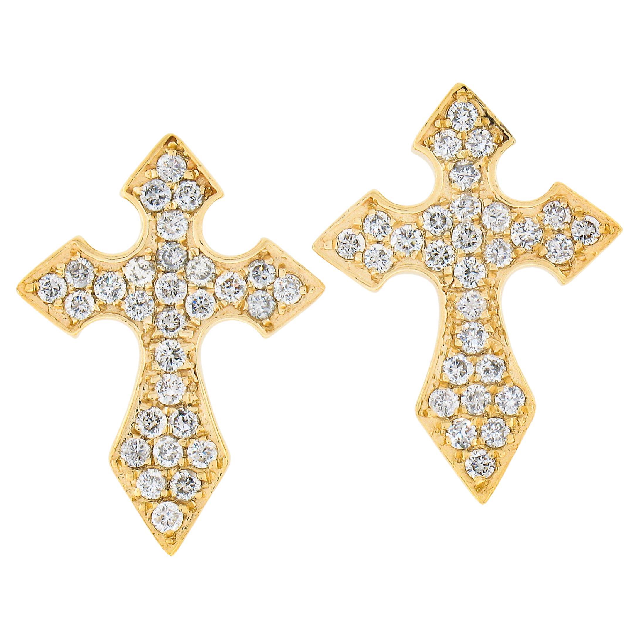 14k Yellow Gold 0.70ctw Round Brilliant Pave Set Diamond Cross Stud Earrings For Sale