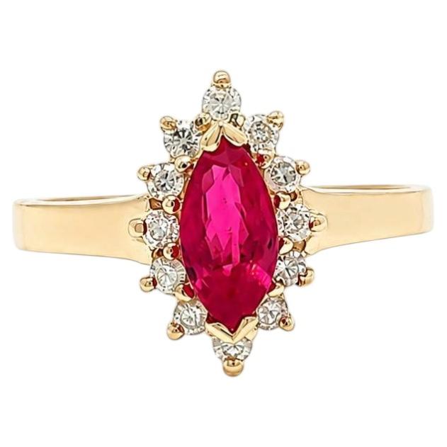 14k Yellow Gold 0.73ctw Marquise Ruby w/ Round Diamond Halo Petite Ring For Sale