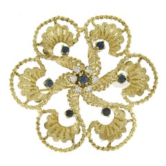 14k Yellow Gold 0.73ctw Sapphire & Diamond Textured Detailed Open Flower Brooch
