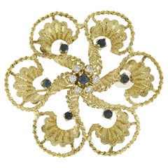 14k Yellow Gold 0.73ctw Sapphire & Diamond Textured Detailed Open Flower Brooch