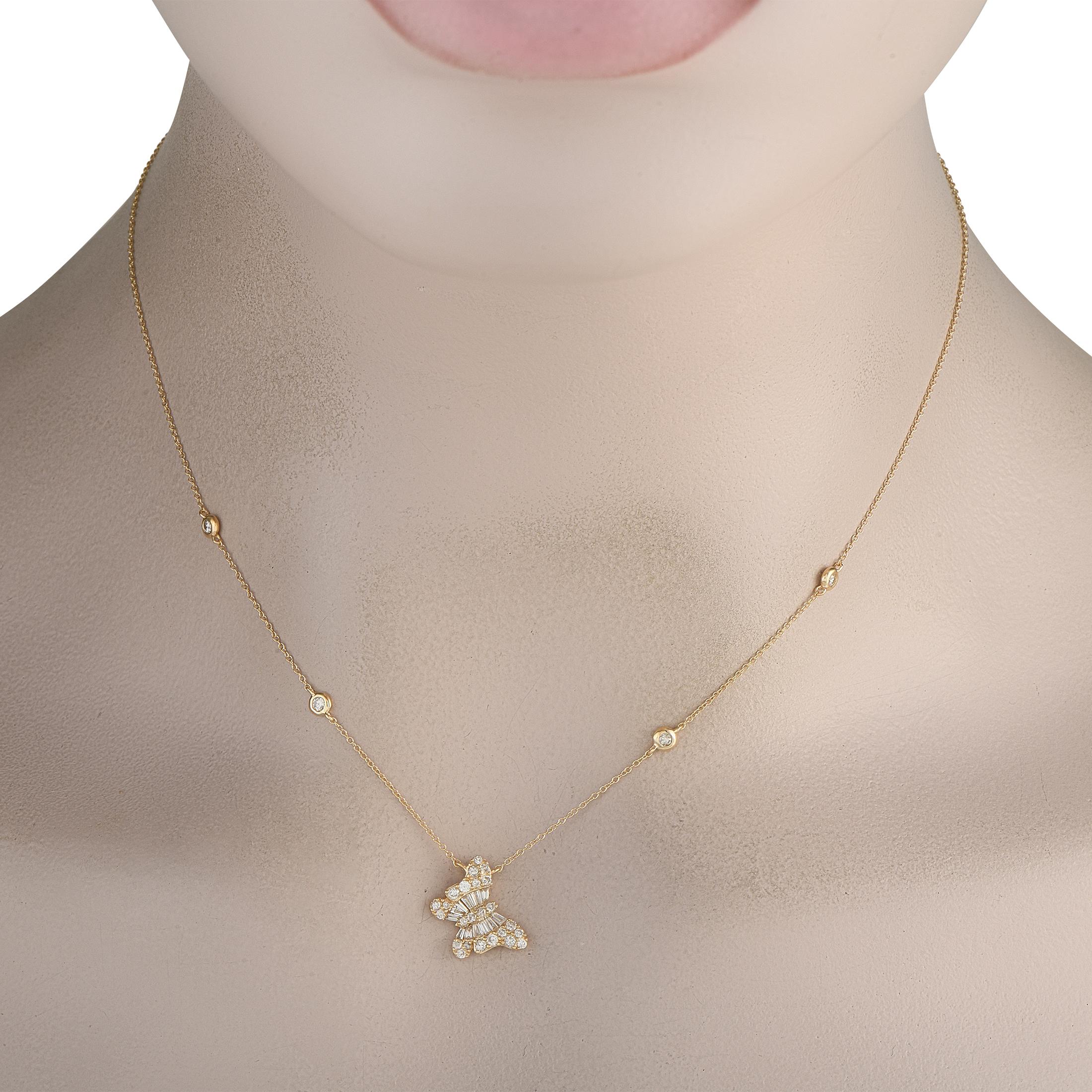 Add elegance to any ensemble with this charming necklace. Diamonds with a total weight of 0.75 carats elevate both the butterfly pendant and the 16 chain. Crafted from 14K Yellow Gold, the pendant measures 0.50 long by 0.40 wide.This jewelry piece