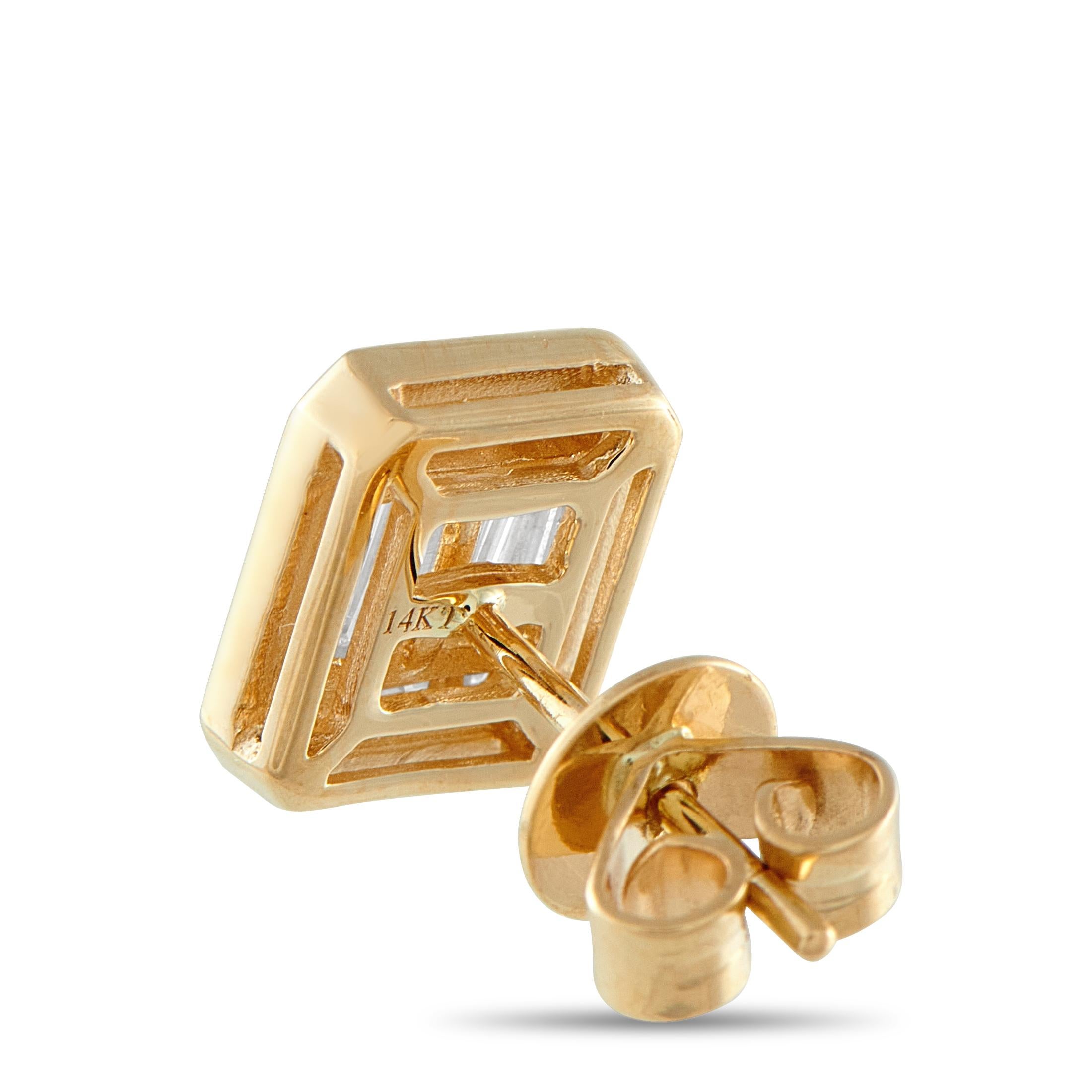 These 14K yellow gold studs deliver a crisp, modern look in a rounded square shape. Baguette diamonds form clean lines across the front, with four round diamonds set neatly at the corners. The design is polished yet easy to wear every day.Offered