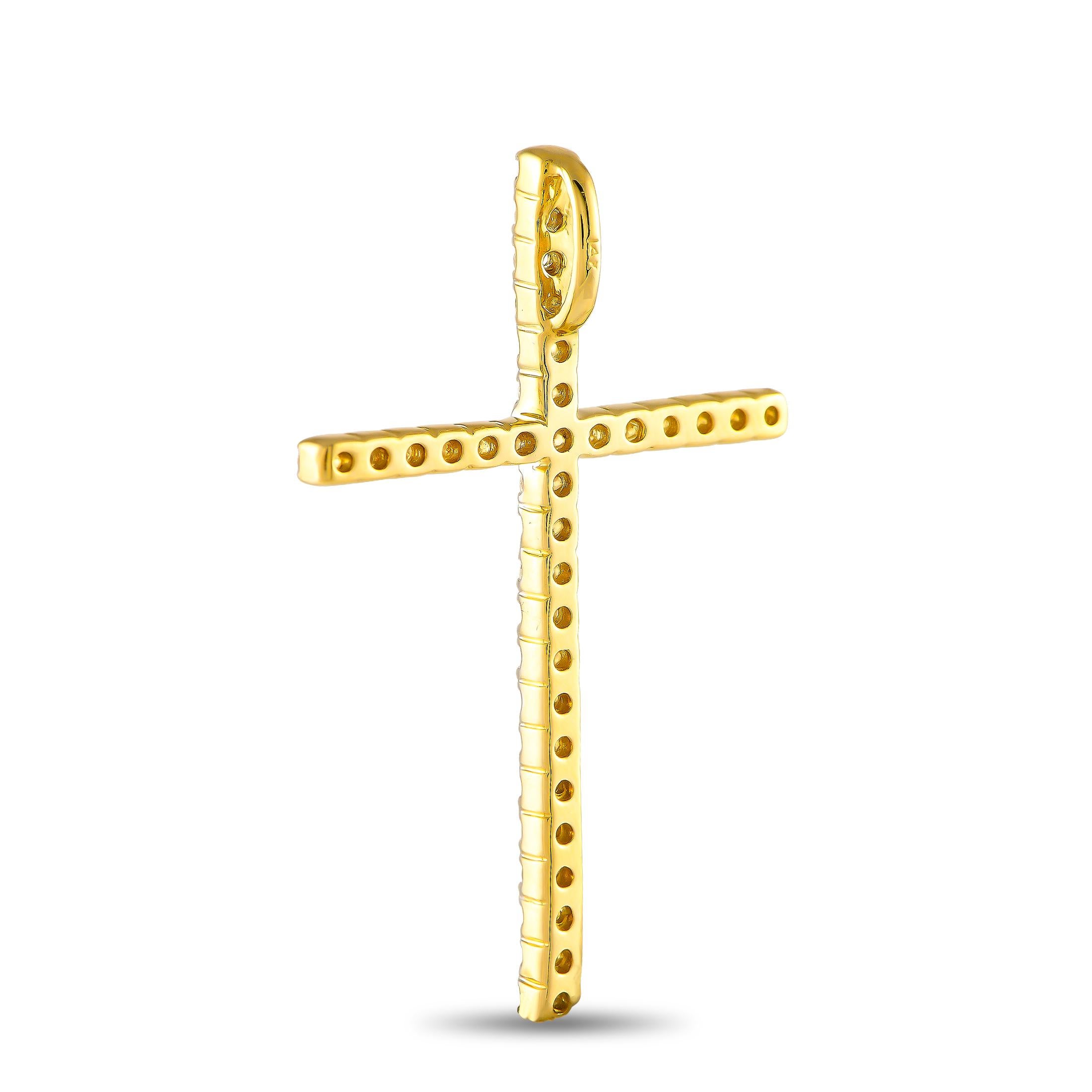 Brilliantly display your belief with this diamond cross necklace. This sparkling symbol of faith features a 1.5 by 1.0 slim cross pendant traced by round diamonds on shared prongs.This brand new 14K Yellow Gold 0.75ct Diamond Cross Pendant comes