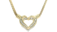 14k Yellow Gold 0.75ctw Baguette & Round Diamond Open Heart Pendant Necklace