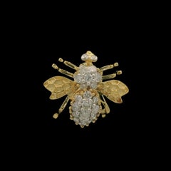 14k Yellow Gold 0.75ctw Diamond Detailed Bee Fly Insect Pin Brooch Pendant