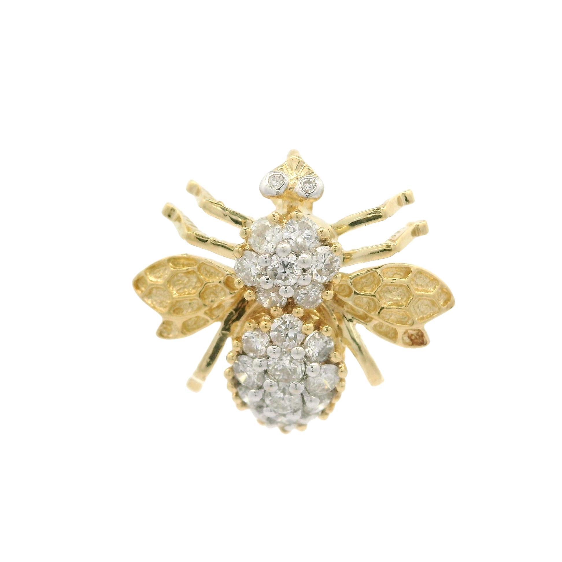 14k Yellow Gold 0.75ctw Diamond Detailed Bee Fly Insect Pin Brooch Pendant For Sale 1