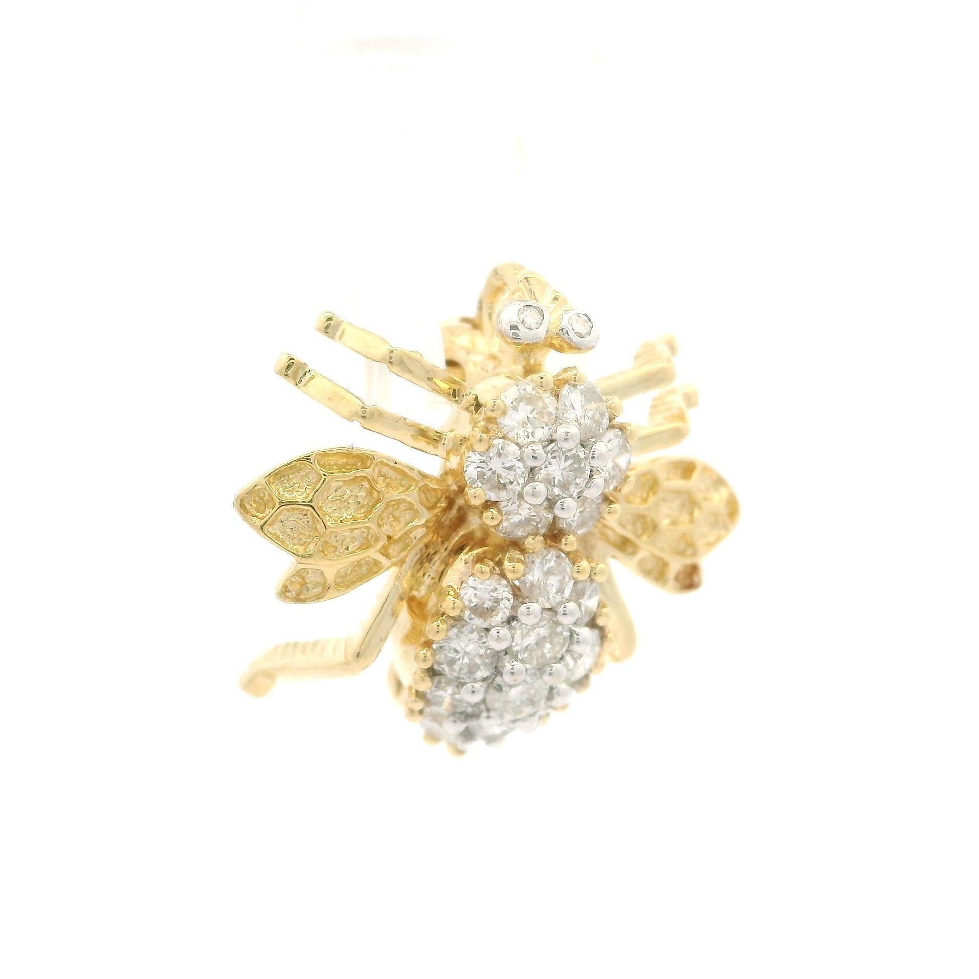 14k Yellow Gold 0.75ctw Diamond Detailed Bee Fly Insect Pin Brooch Pendant For Sale 2